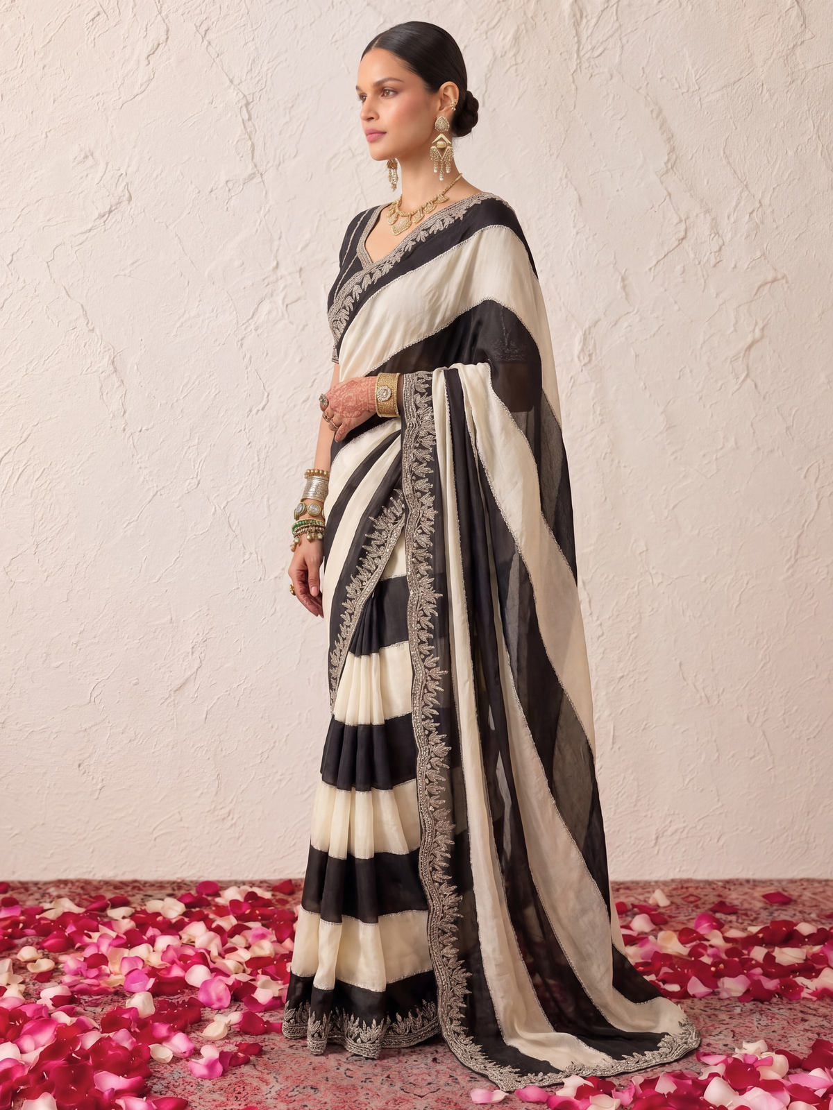 Black and White Striped Metallic Satin Hand Beaded Saree with Matching Beaded Blouse Fabric
