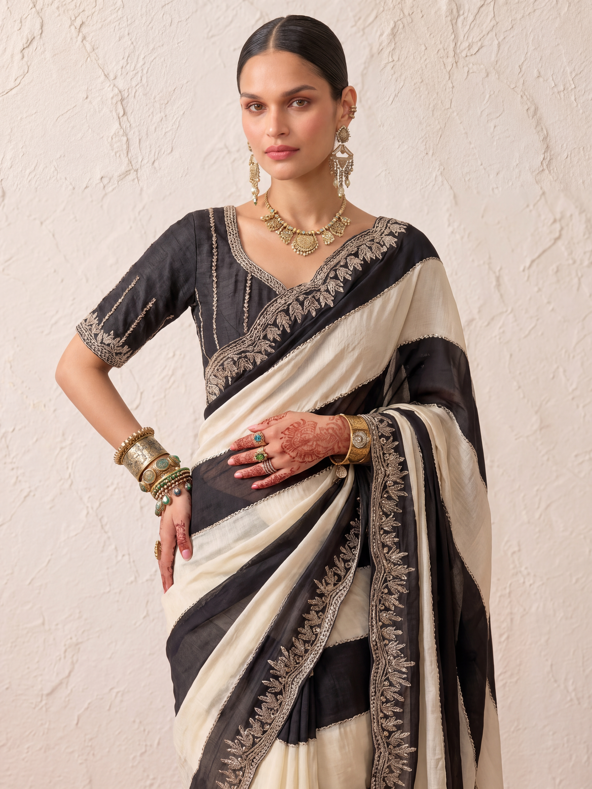 Black and White Striped Metallic Satin Hand Beaded Saree with Matching Beaded Blouse Fabric