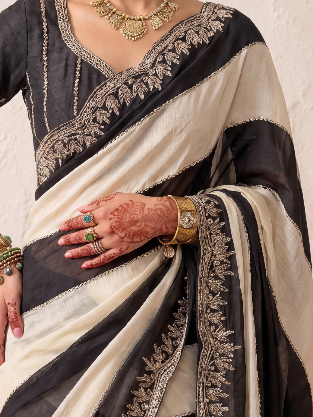 Black and White Striped Metallic Satin Hand Beaded Saree with Matching Beaded Blouse Fabric