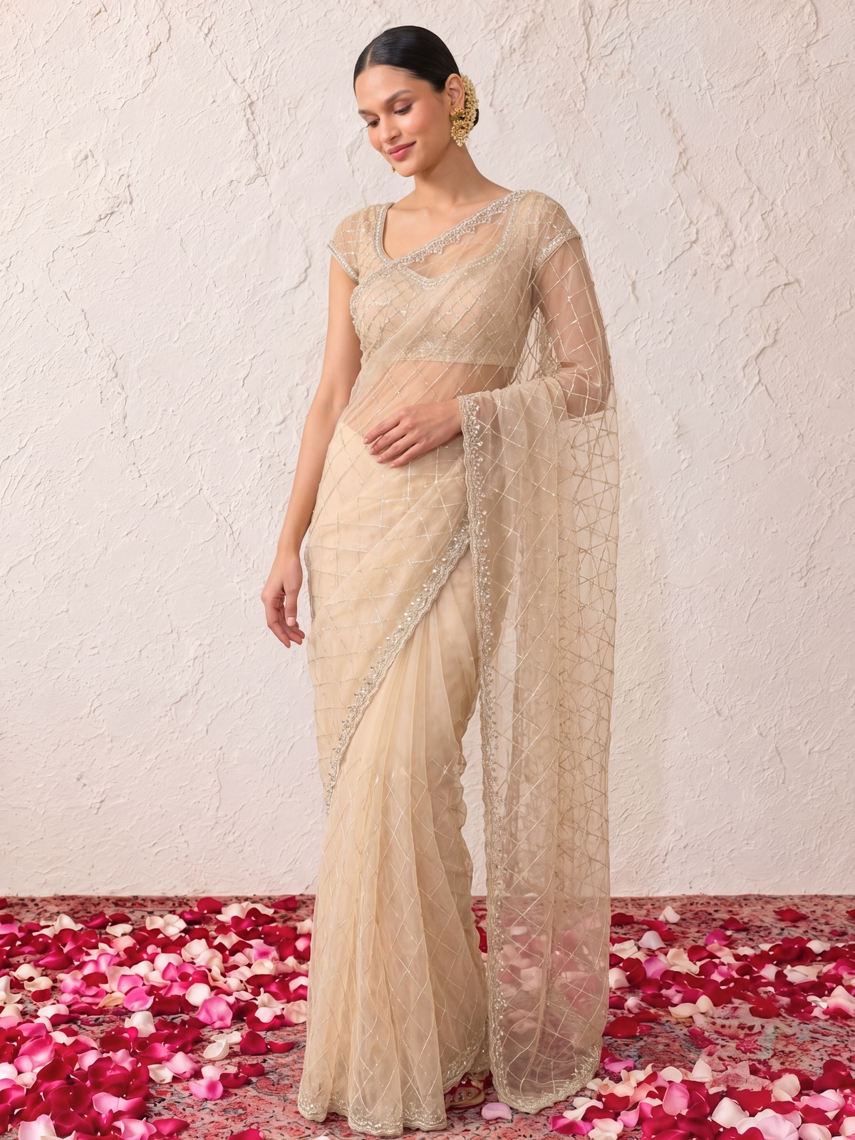 Beige Net Scalloped Hand Beaded Cut Dana Saree with Matching Beaded Blouse Fabric