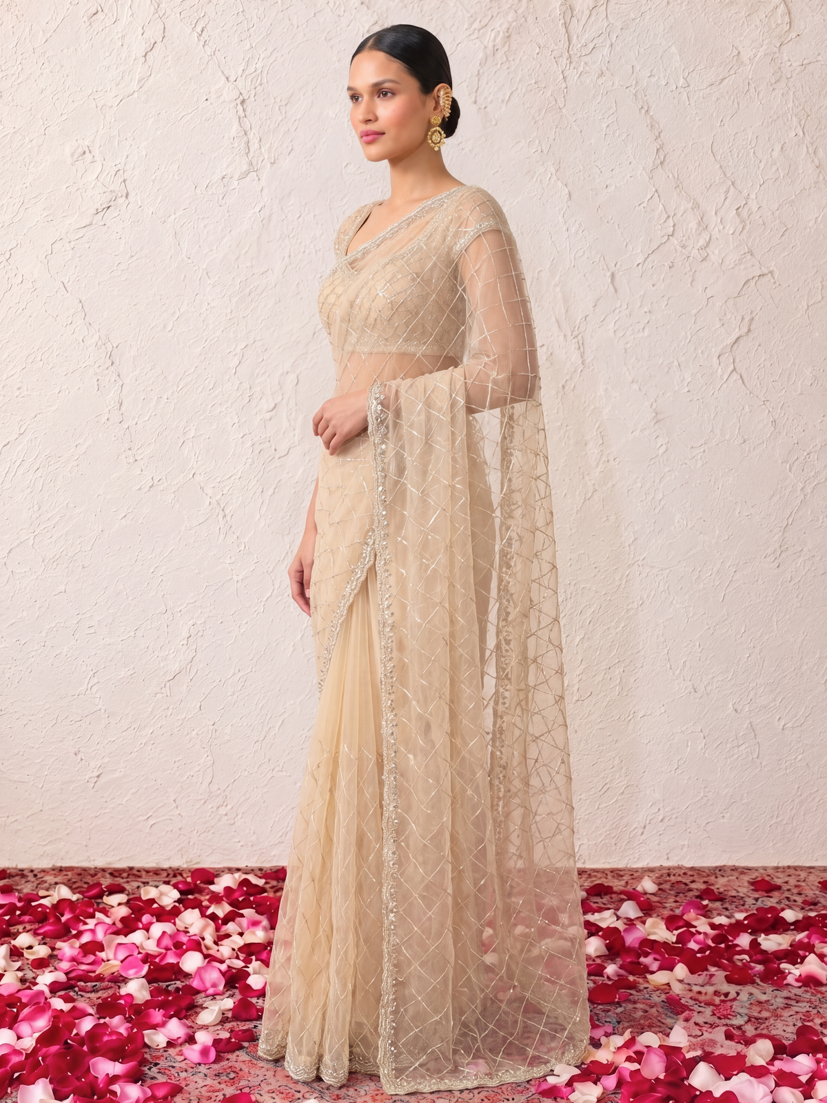 Beige Net Scalloped Hand Beaded Cut Dana Saree with Matching Beaded Blouse Fabric