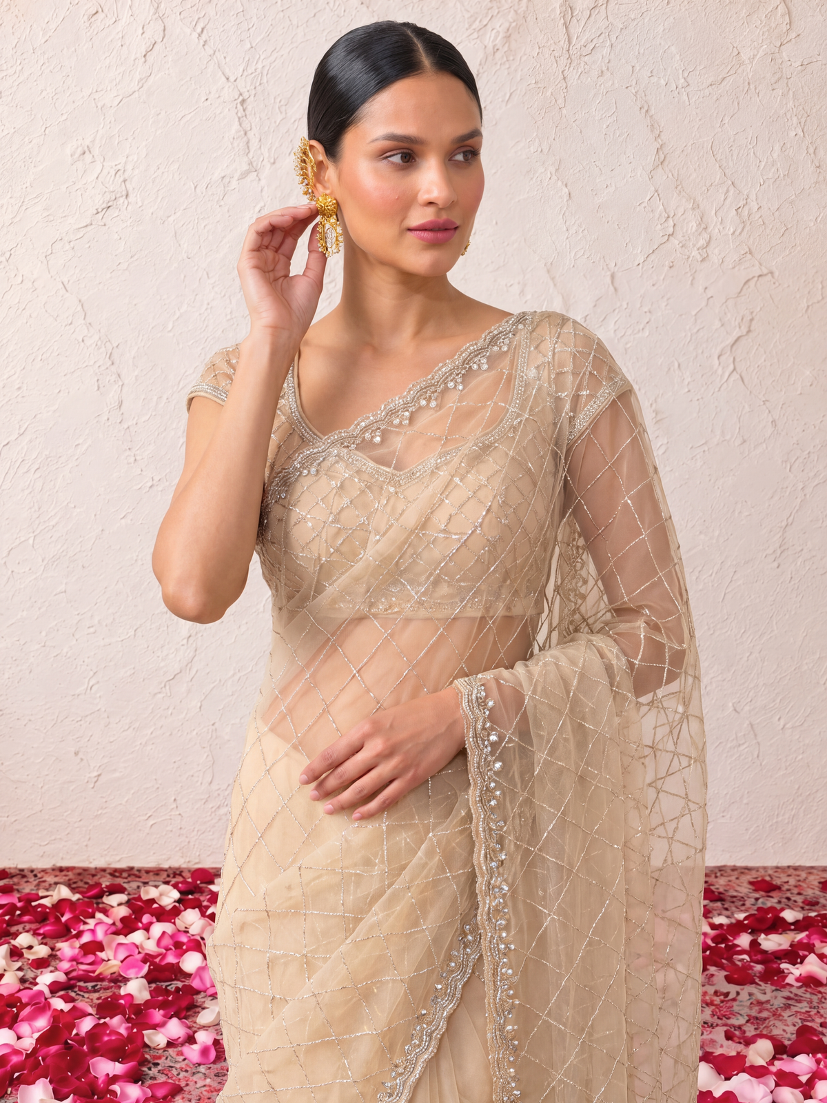Beige Net Scalloped Hand Beaded Cut Dana Saree with Matching Beaded Blouse Fabric