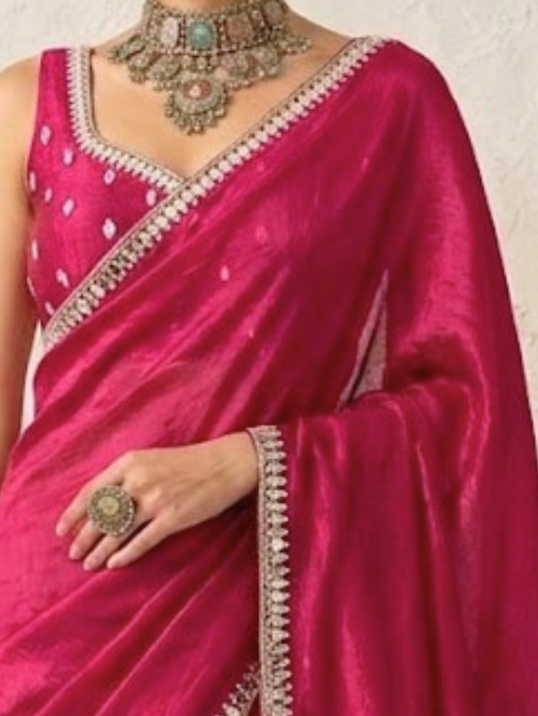 Wine Mirror Metallic Satin Hand Beaded Cut Dana Saree with Border and Matching Blouse Fabric