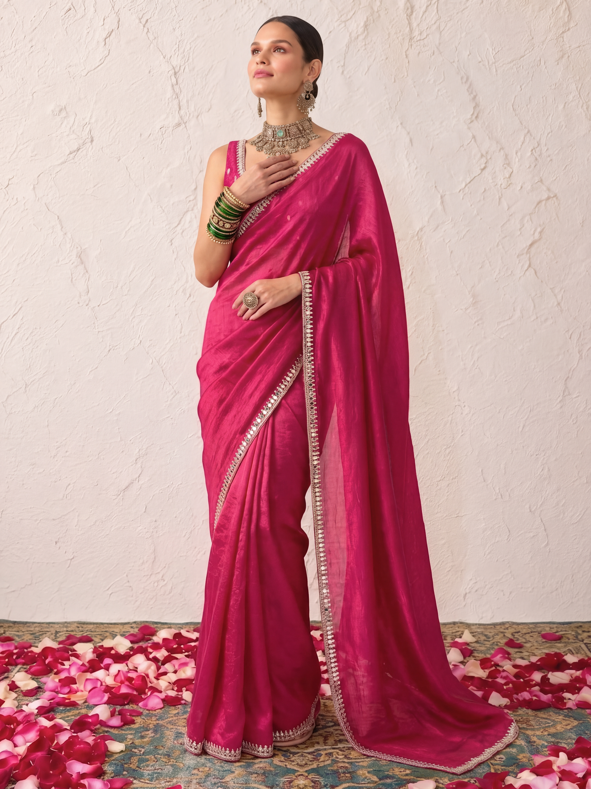 Wine Mirror Metallic Satin Hand Beaded Cut Dana Saree with Border and Matching Blouse Fabric