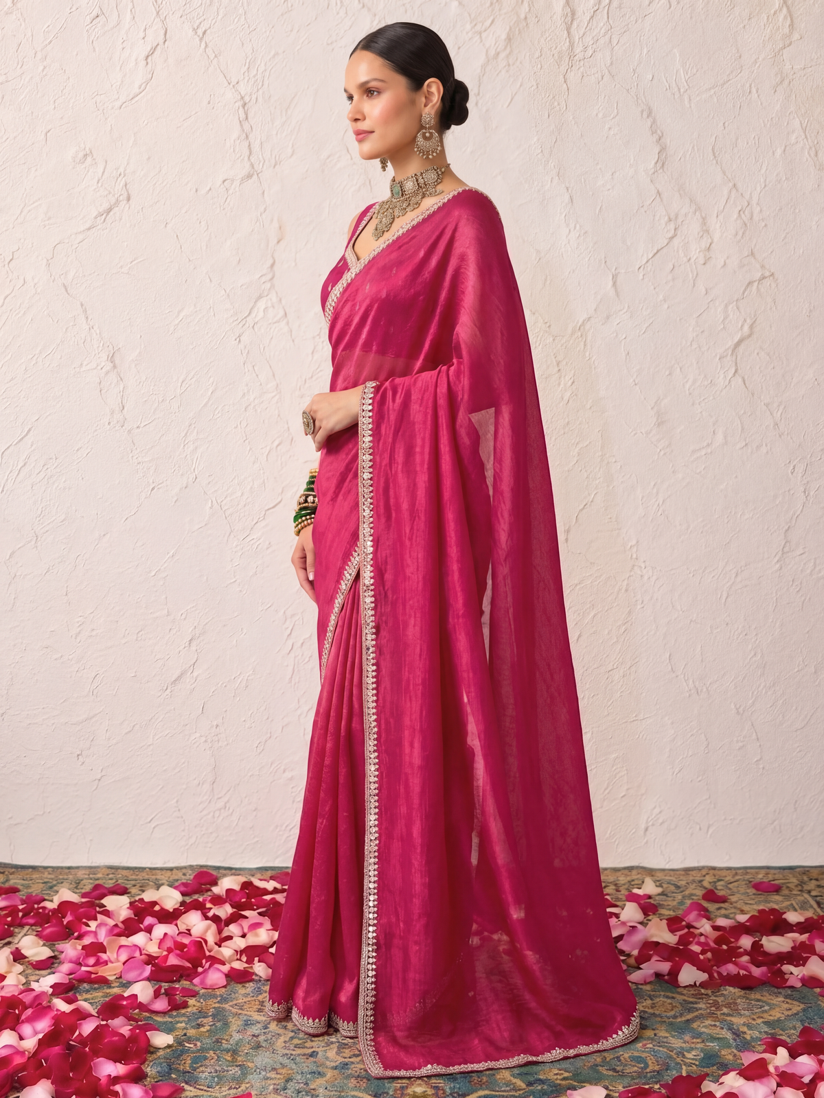 Wine Mirror Metallic Satin Hand Beaded Cut Dana Saree with Border and Matching Blouse Fabric