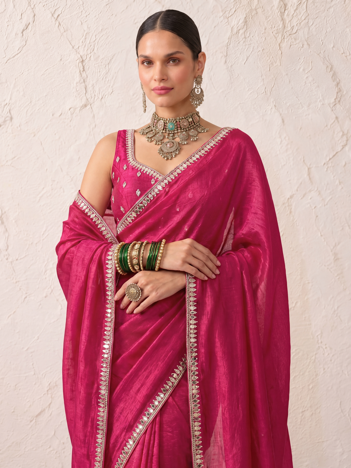 Wine Mirror Metallic Satin Hand Beaded Cut Dana Saree with Border and Matching Blouse Fabric