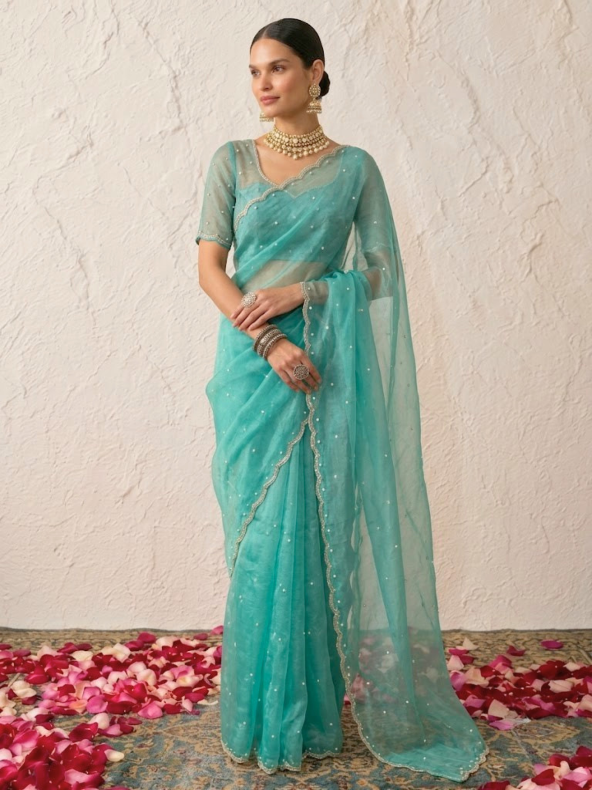 Sea Blue Magic Metallic Pearl Hand Beaded Saree with Matching Beaded Blouse Fabric