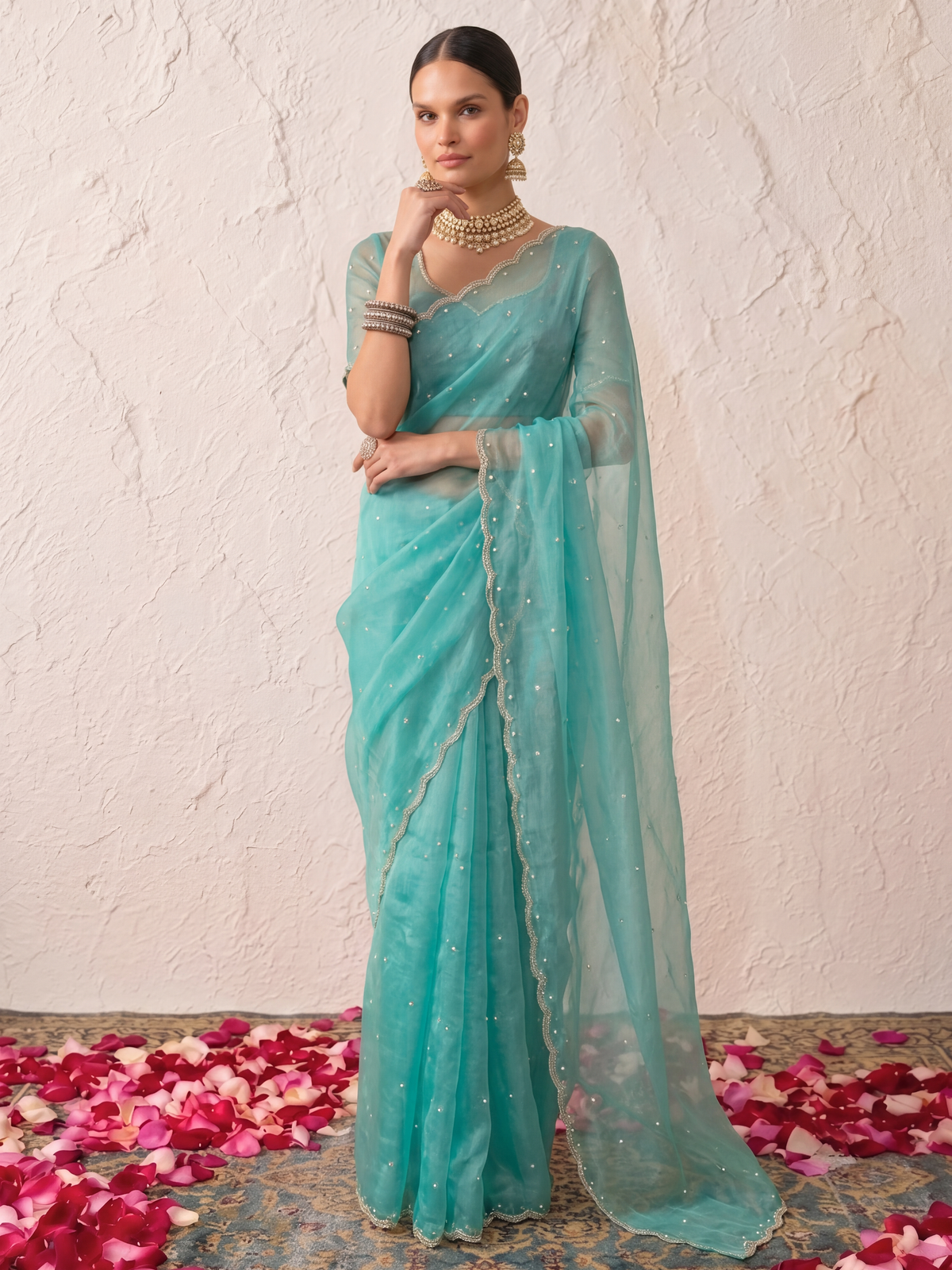 Sea Blue Magic Metallic Pearl Hand Beaded Saree with Matching Beaded Blouse Fabric