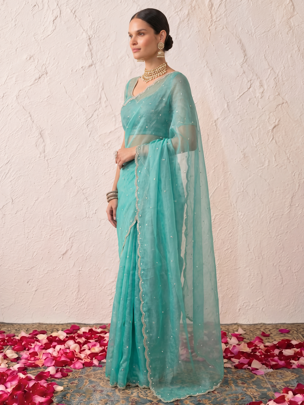 Sea Blue Magic Metallic Pearl Hand Beaded Saree with Matching Beaded Blouse Fabric