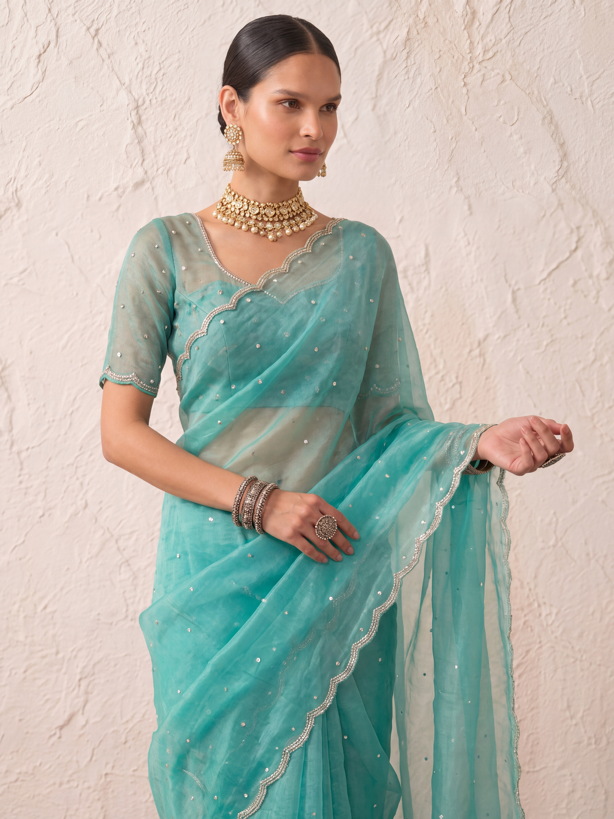 Sea Blue Magic Metallic Pearl Hand Beaded Saree with Matching Beaded Blouse Fabric