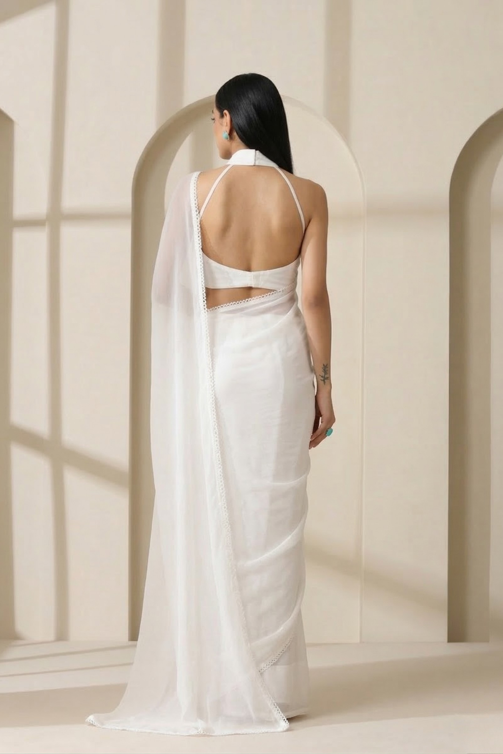 White Chiffon Saree with Lace and Blouse Fabric