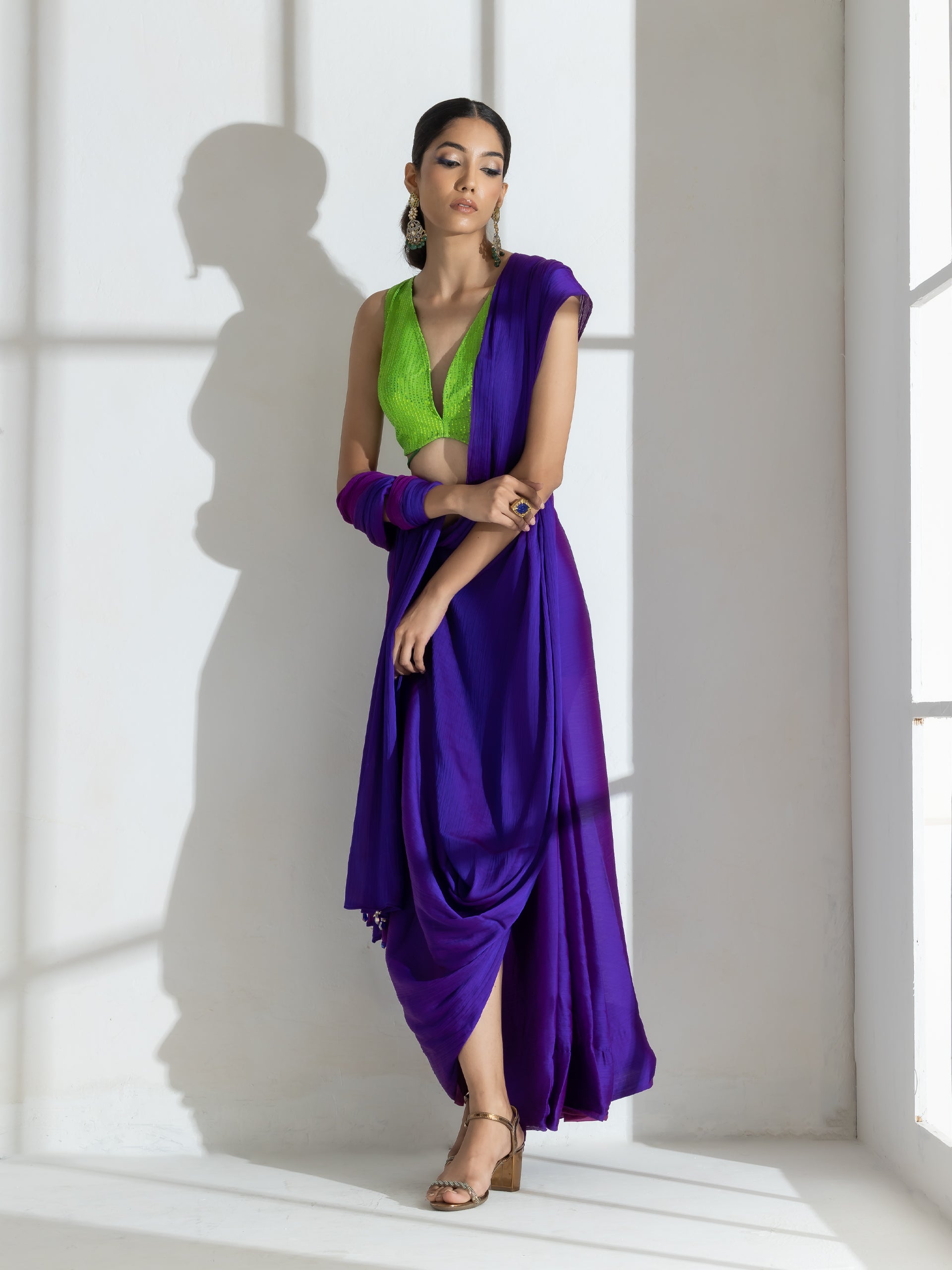 Purple and Plum Dual Shade Texture Chiffon Saree and Sequin Blouse Fabric