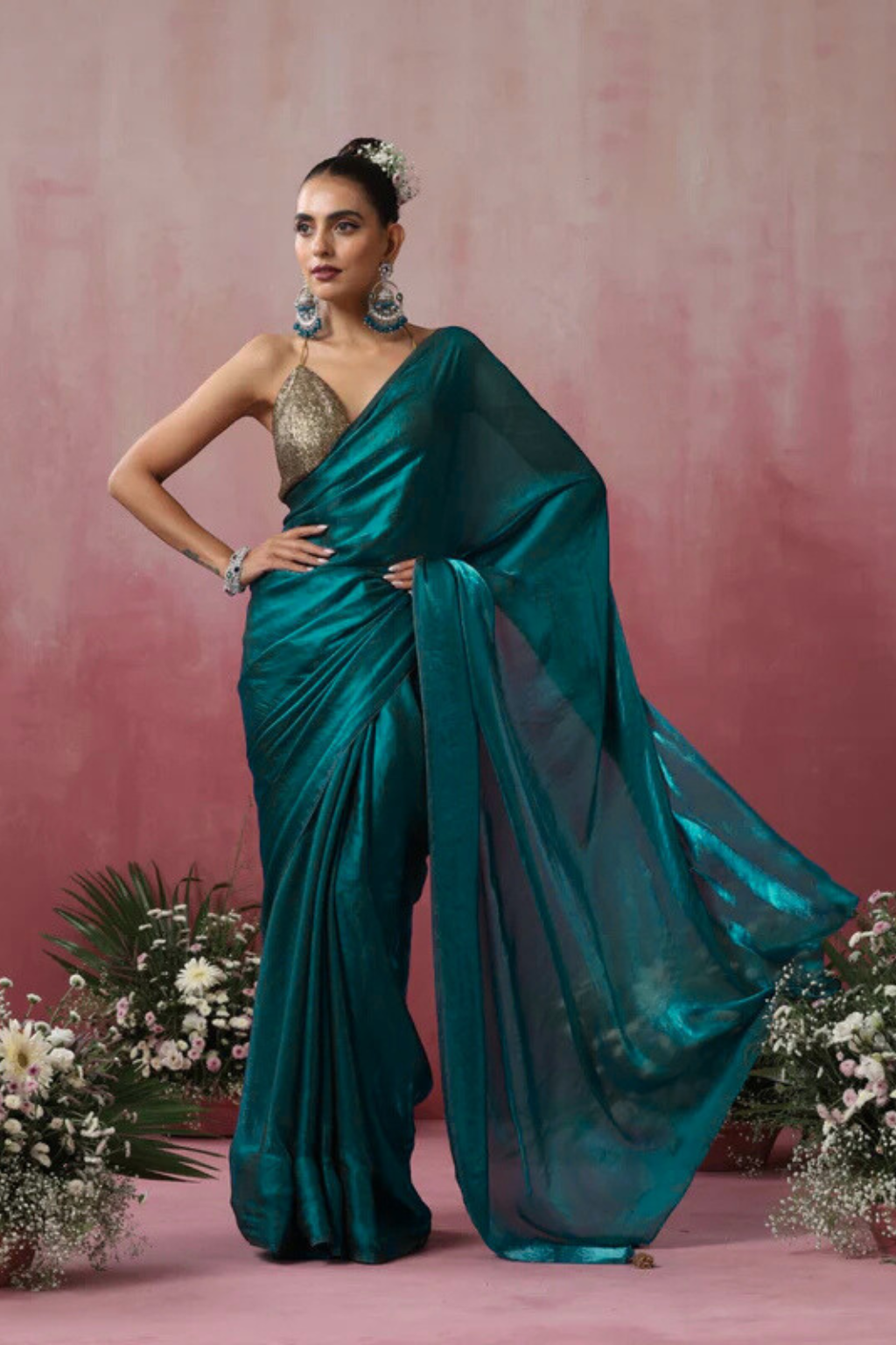 Green Metallic Satin Saree with Pendants and Blouse Fabric