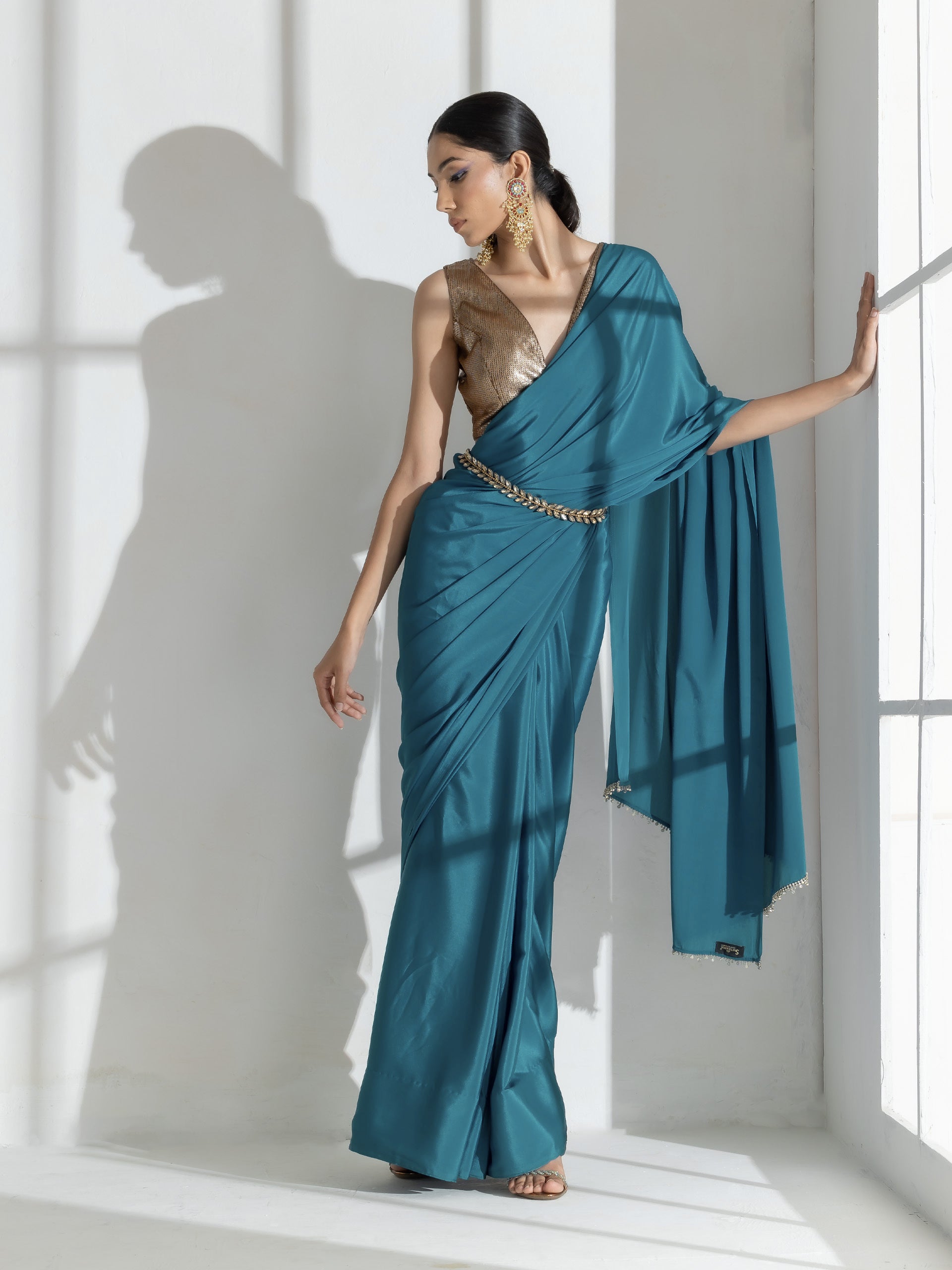 Blue Beauty Crepe Saree with Diamond lace and Self Blouse fabric
