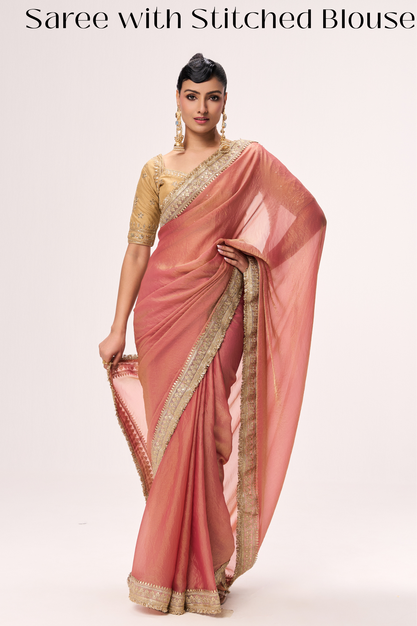 Dusky Peach Gold Metallic Chiffon Saree with Border and Sabya Cream Embroidered Stitched Blouse