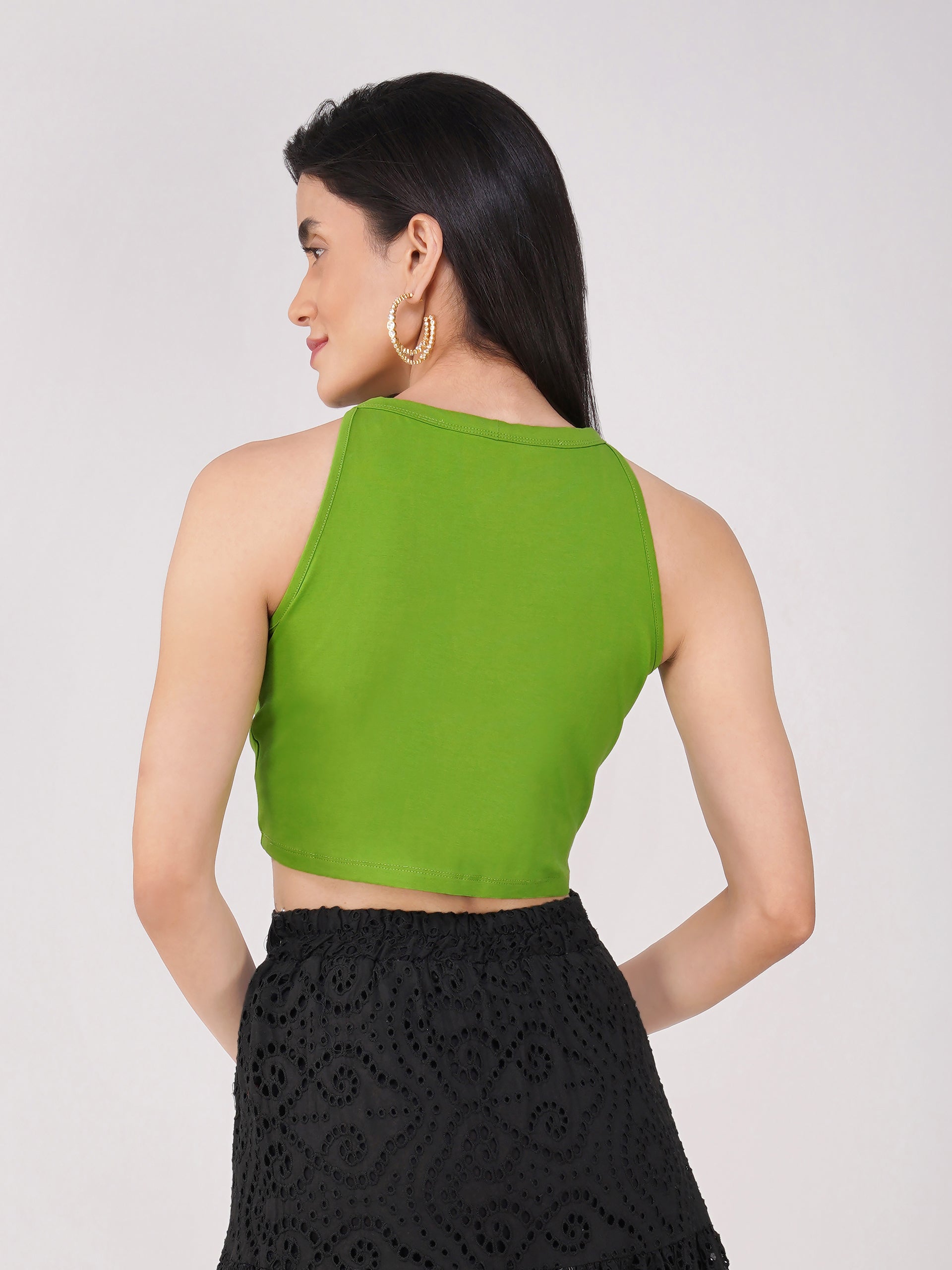 Women's Stretchy Knitted Halter Neck Mehndi Green Crop Top