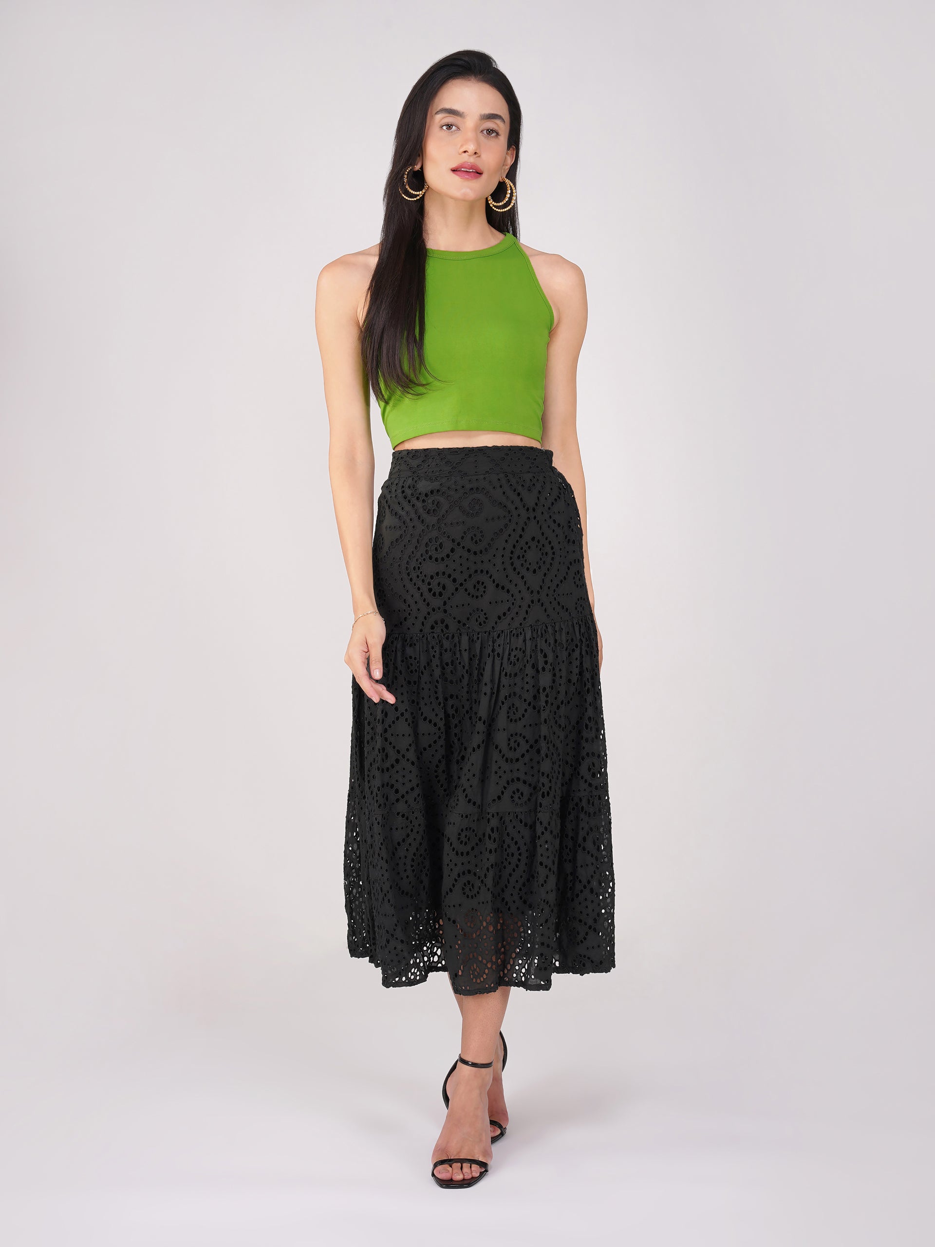 Women's Stretchy Knitted Halter Neck Mehndi Green Crop Top
