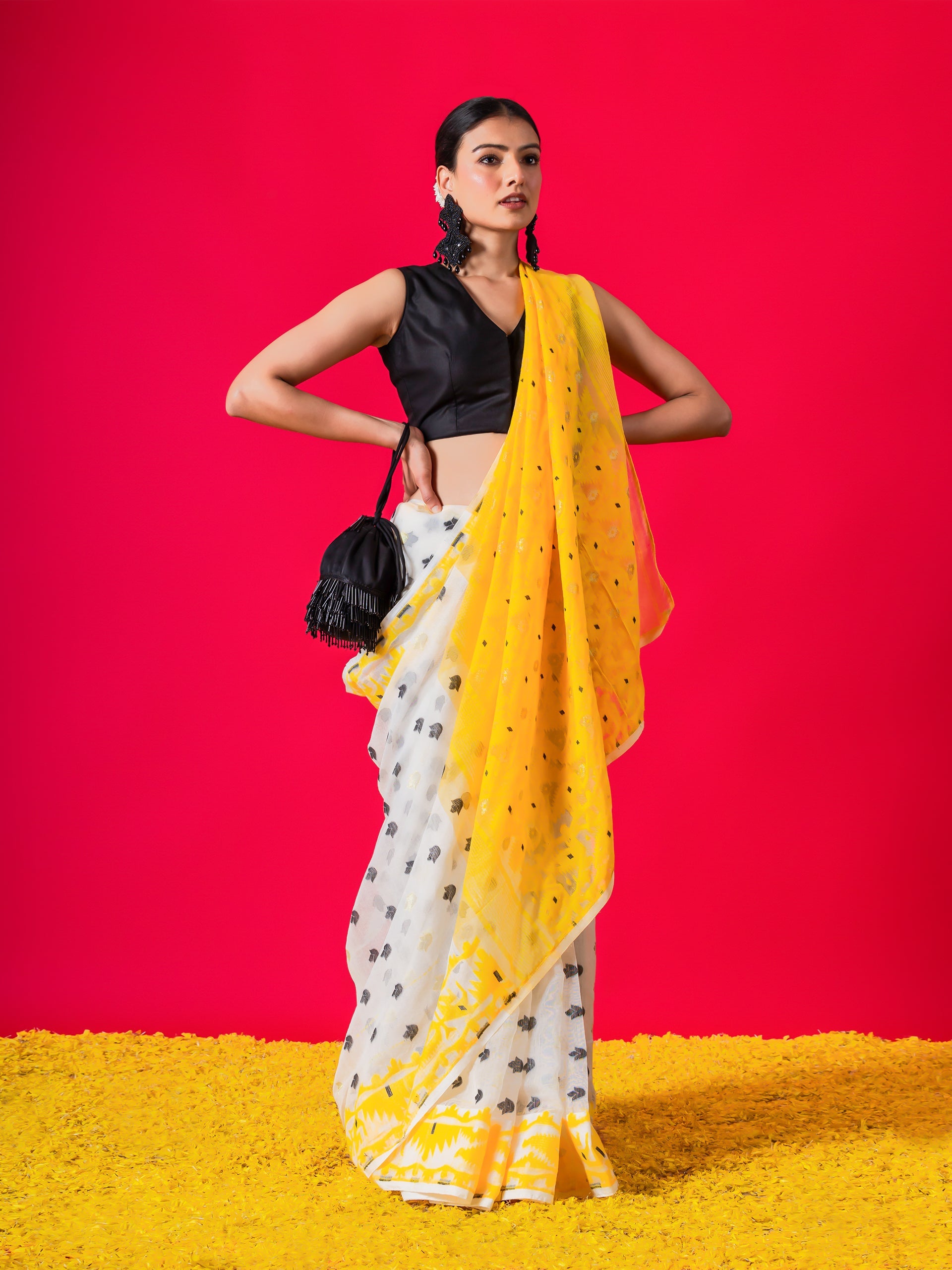 Nayantara Yellow and Black Jamdani Cotton Saree