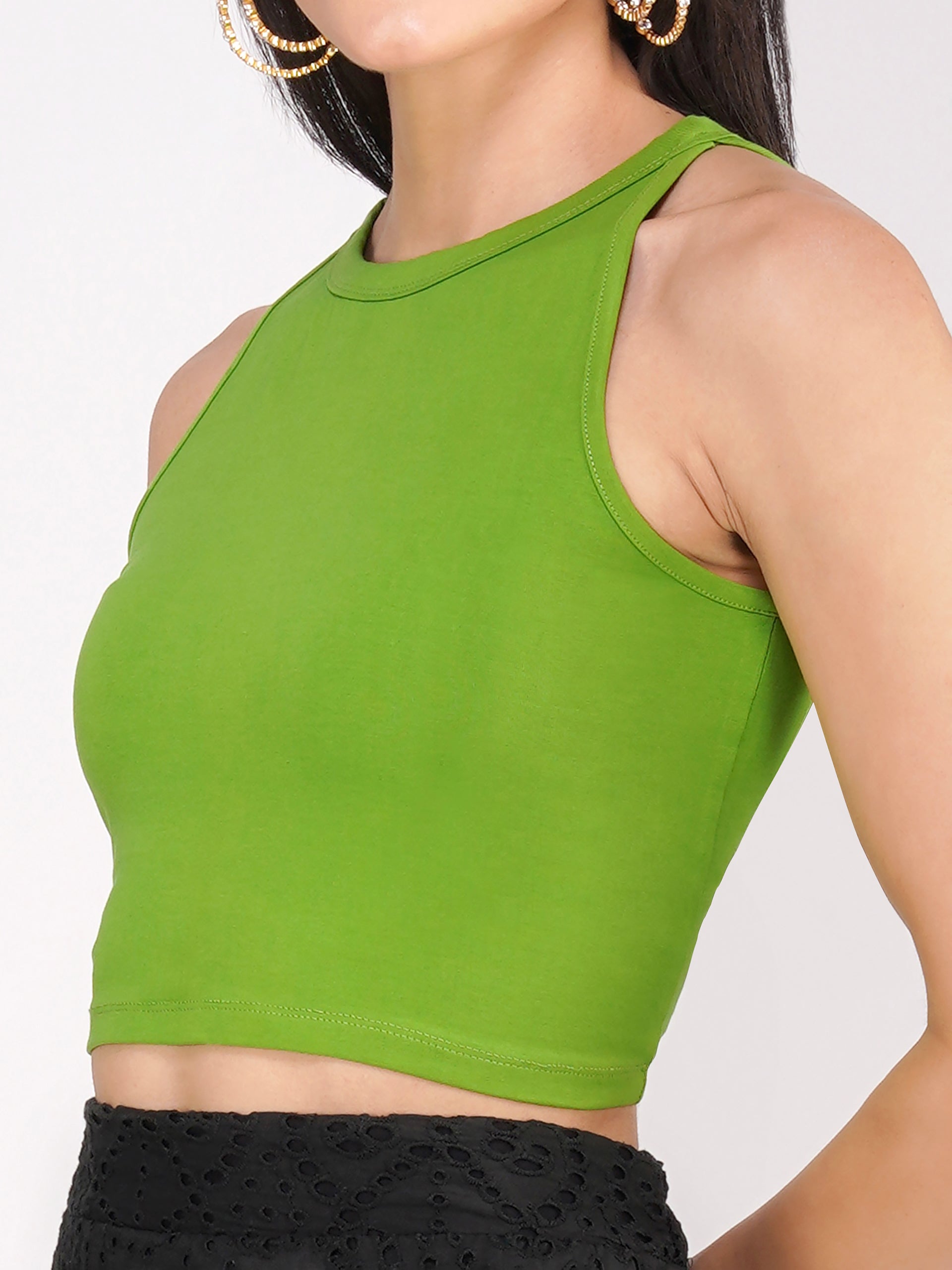 Women's Stretchy Knitted Halter Neck Mehndi Green Crop Top
