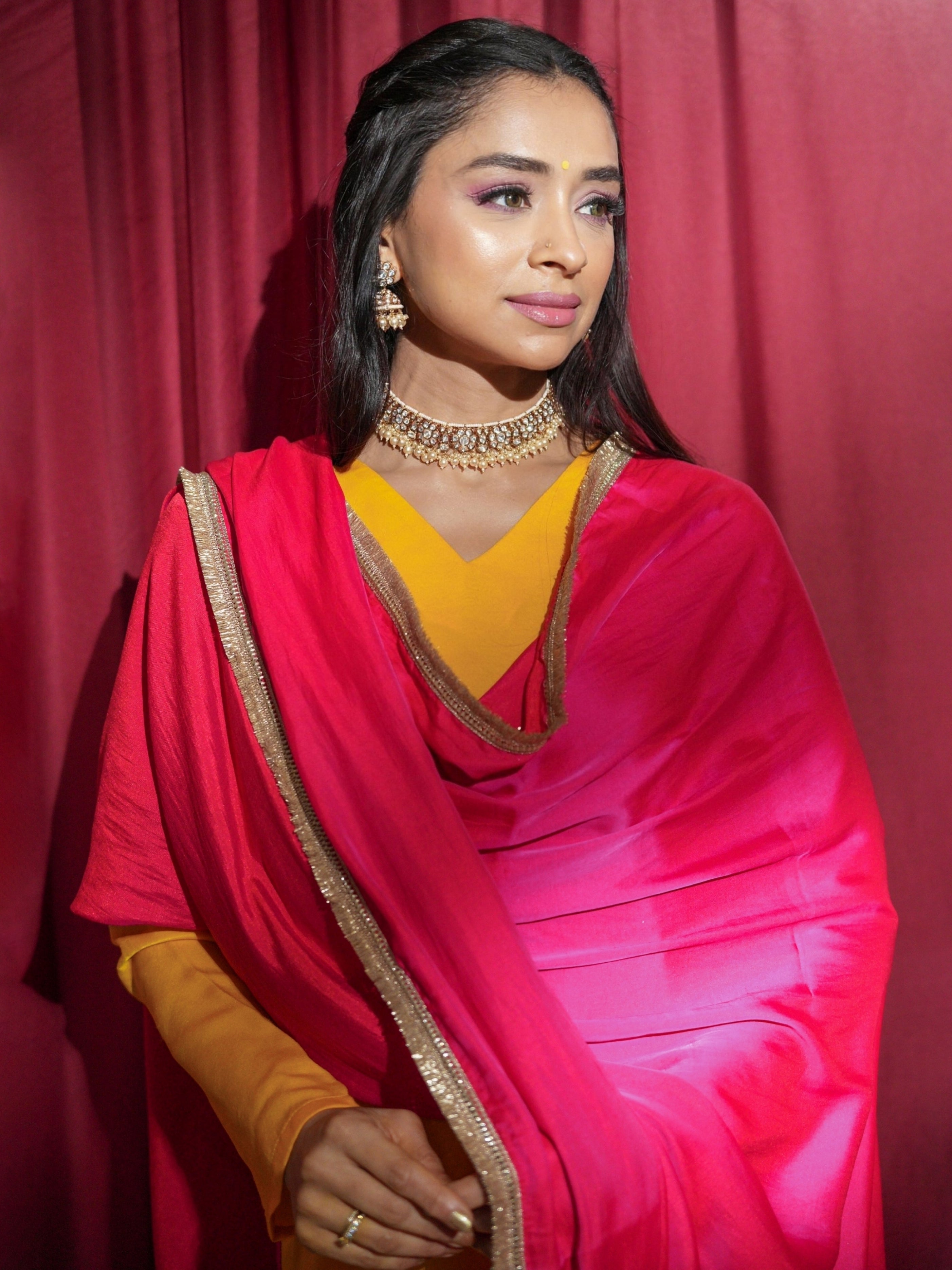 Women's Sunflower Yellow Posh Kurta with Dual Colour Satin Pant and Lace Dupatta 3 Piece Set | A-Line, V Neck, Full Sleeves, Pants, Festive Wear, (Satin)
