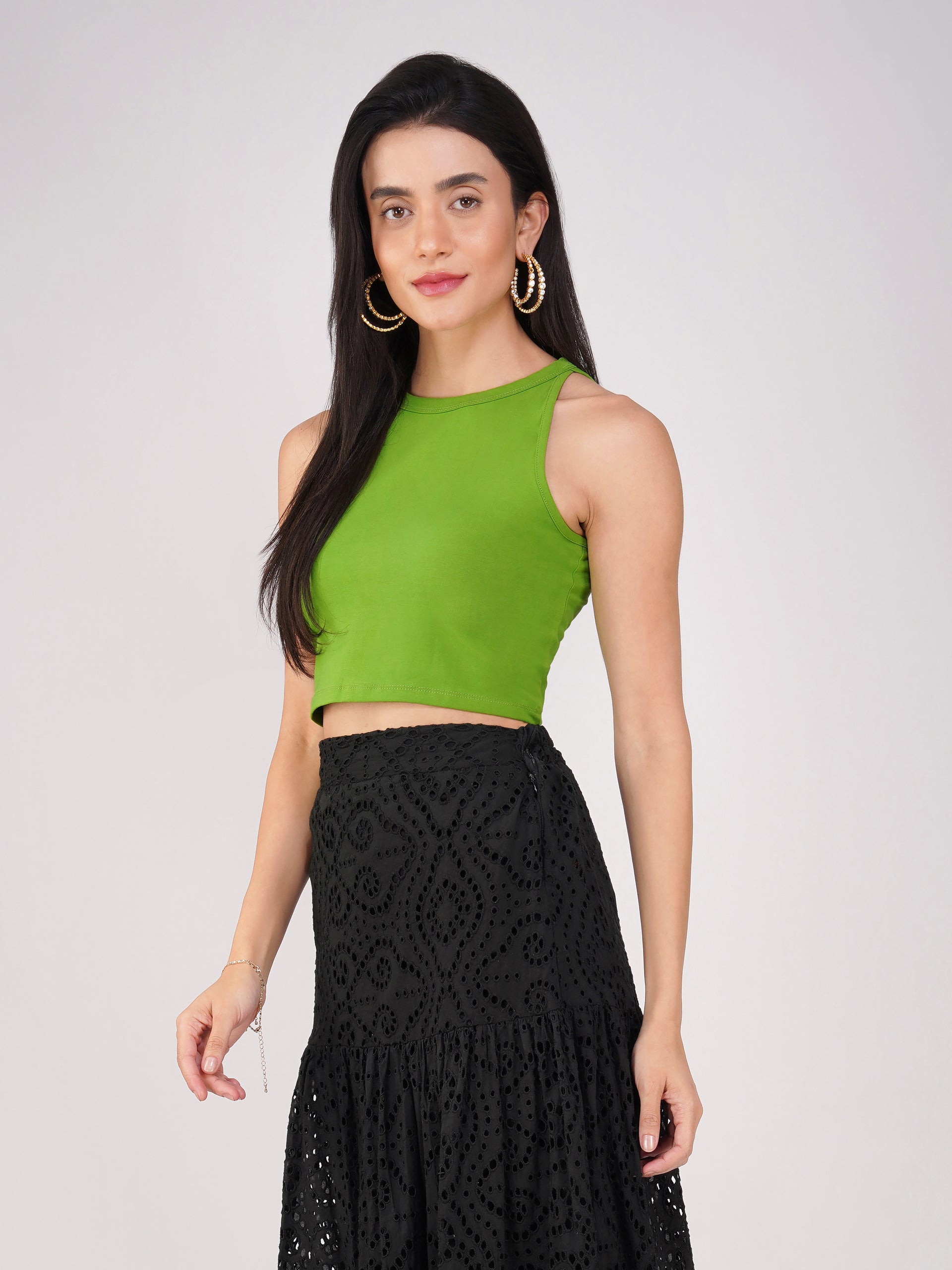 Women's Stretchy Knitted Halter Neck Mehndi Green Crop Top