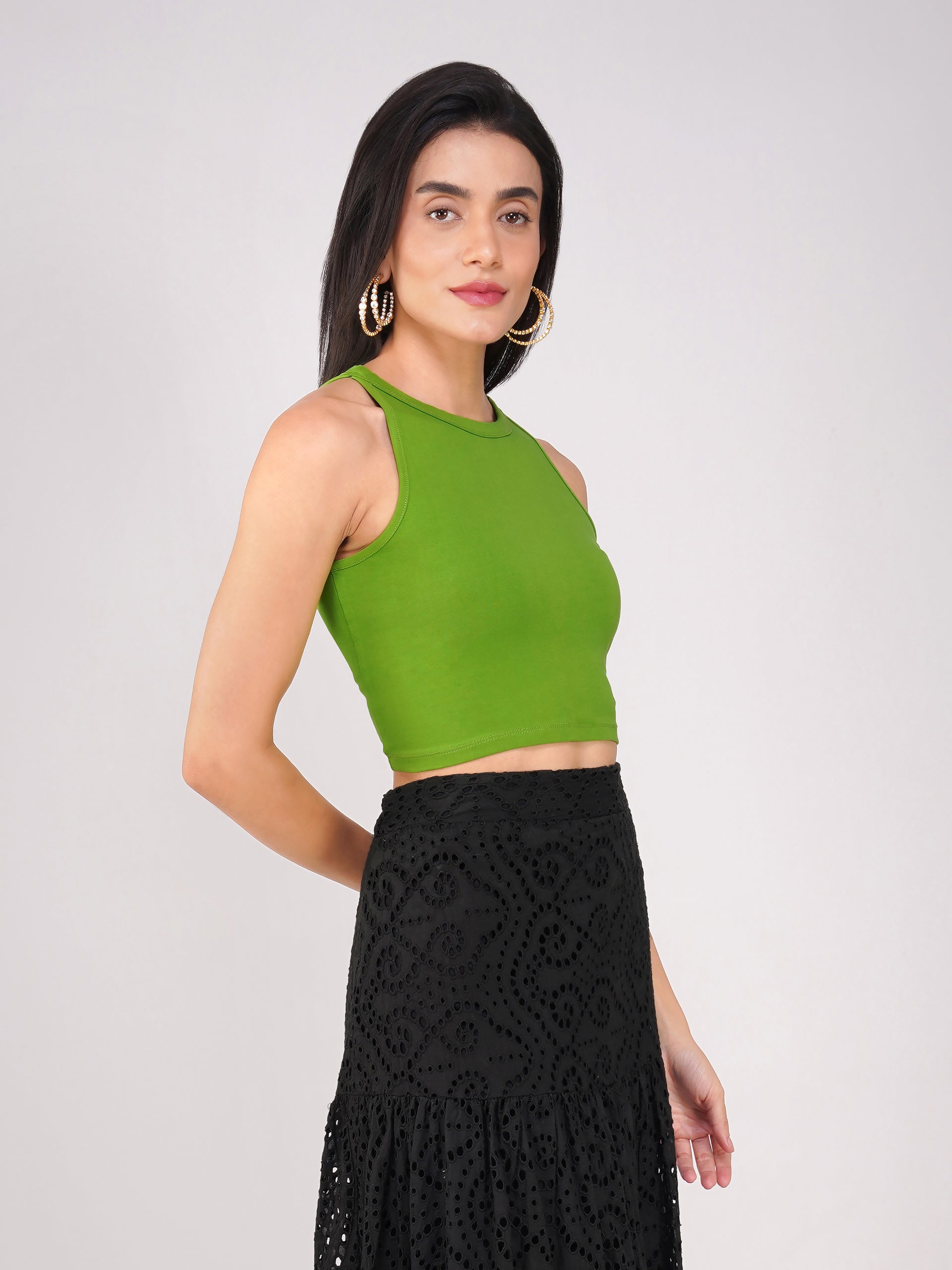 Women's Stretchy Knitted Halter Neck Mehndi Green Crop Top