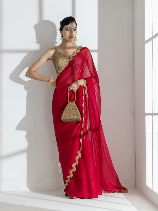 Vermilion Red Shimmer Chiffon Saree with Leaf Beaded Lace and Self Blouse Fabric
