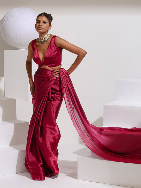 Wine Galaxy Organza Saree with Beads and Self Blouse Fabric