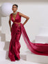 Wine Galaxy Organza Saree with Beads and Self Blouse Fabric