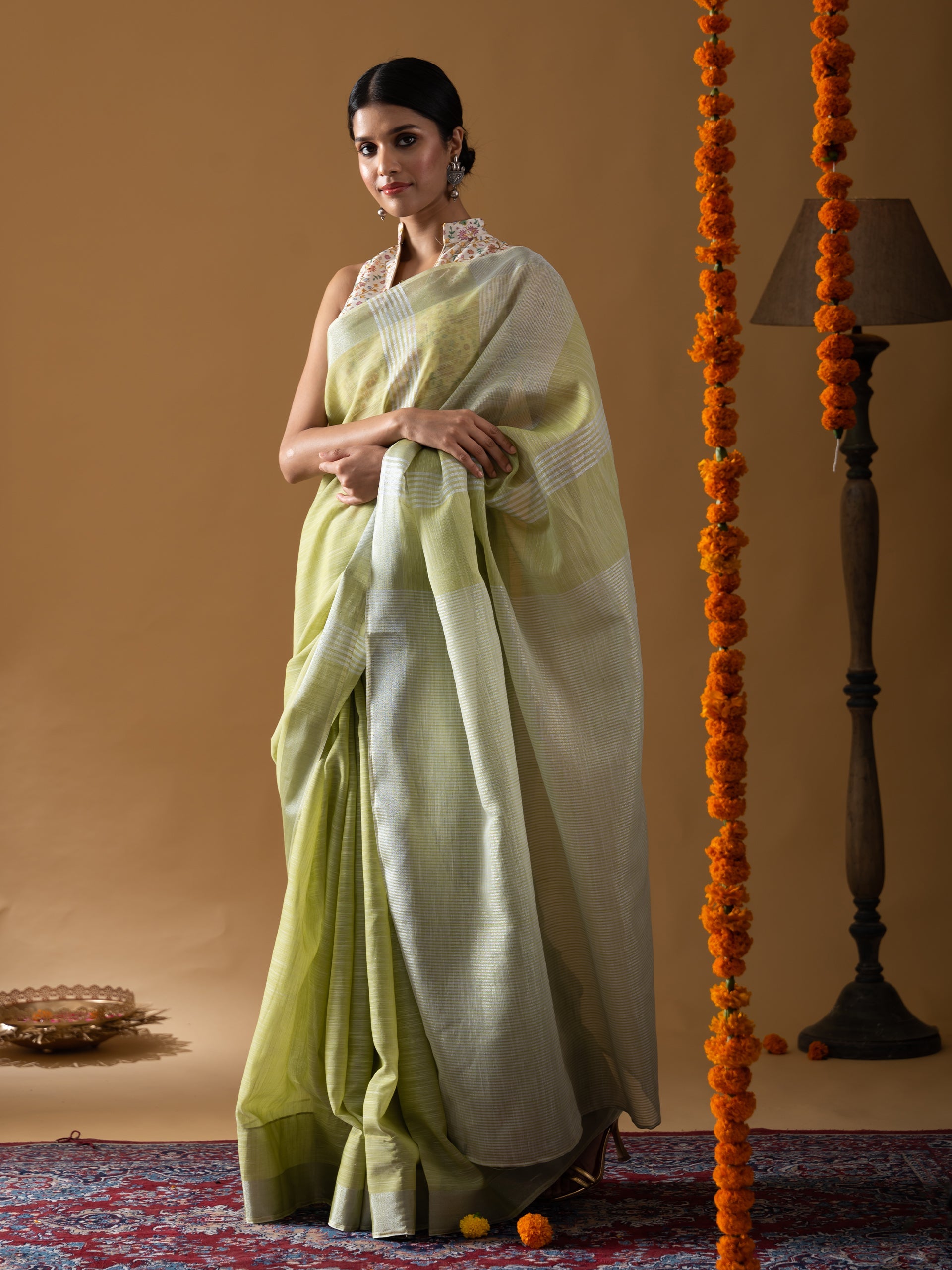 Lime Khadi Linen Blend Saree