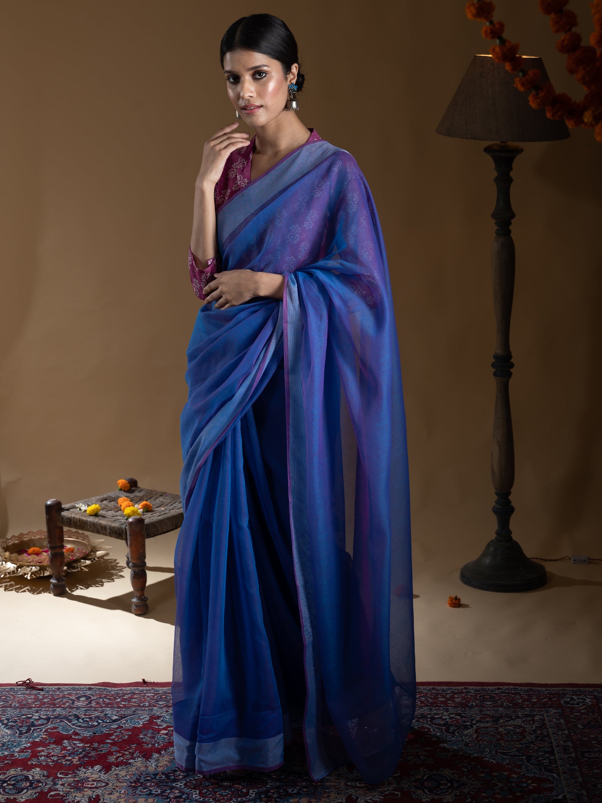 Purple Cotton Blend Saree with White Stripe Border