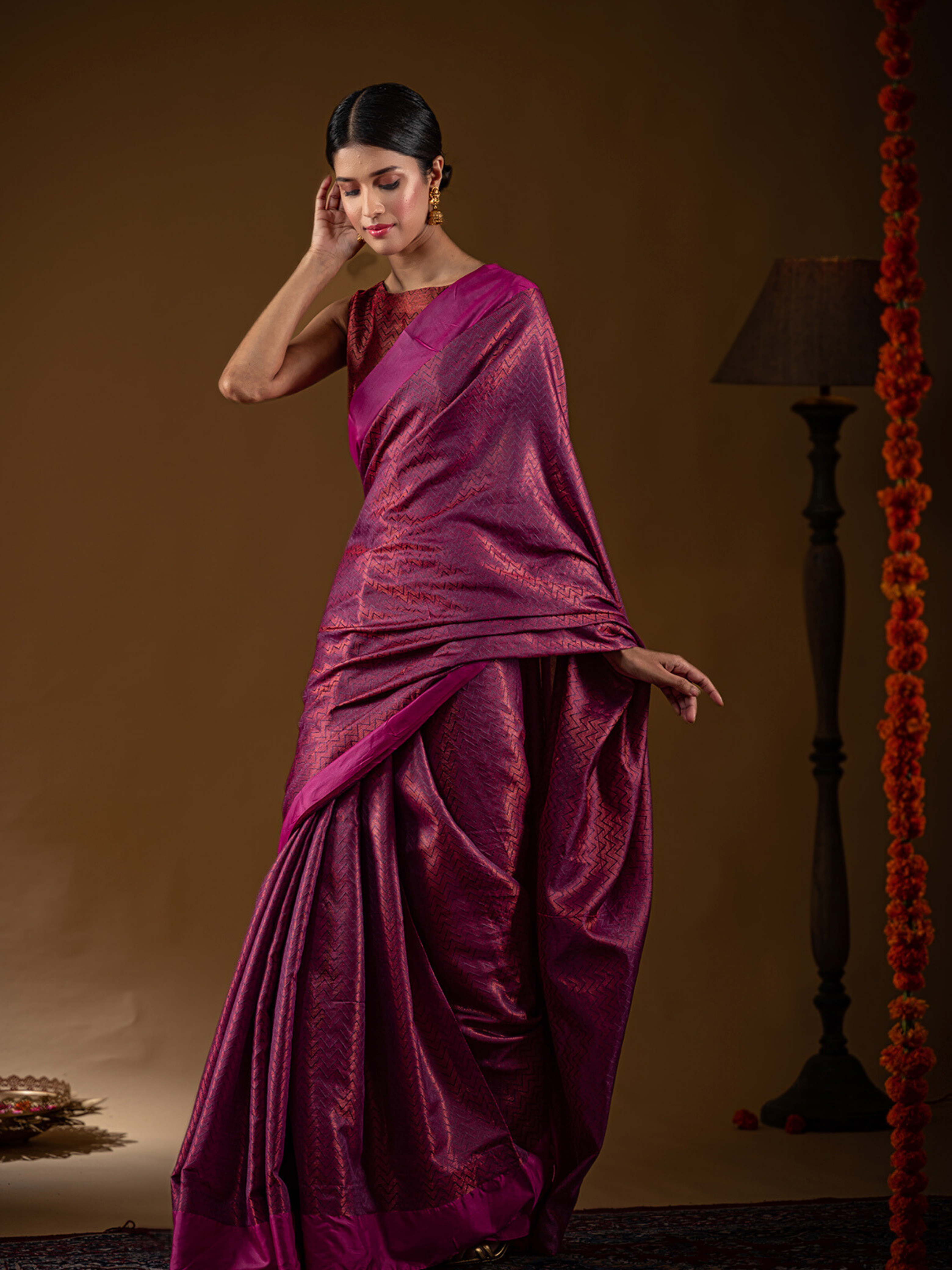 Jazzy Pink Chevron Woven Saree