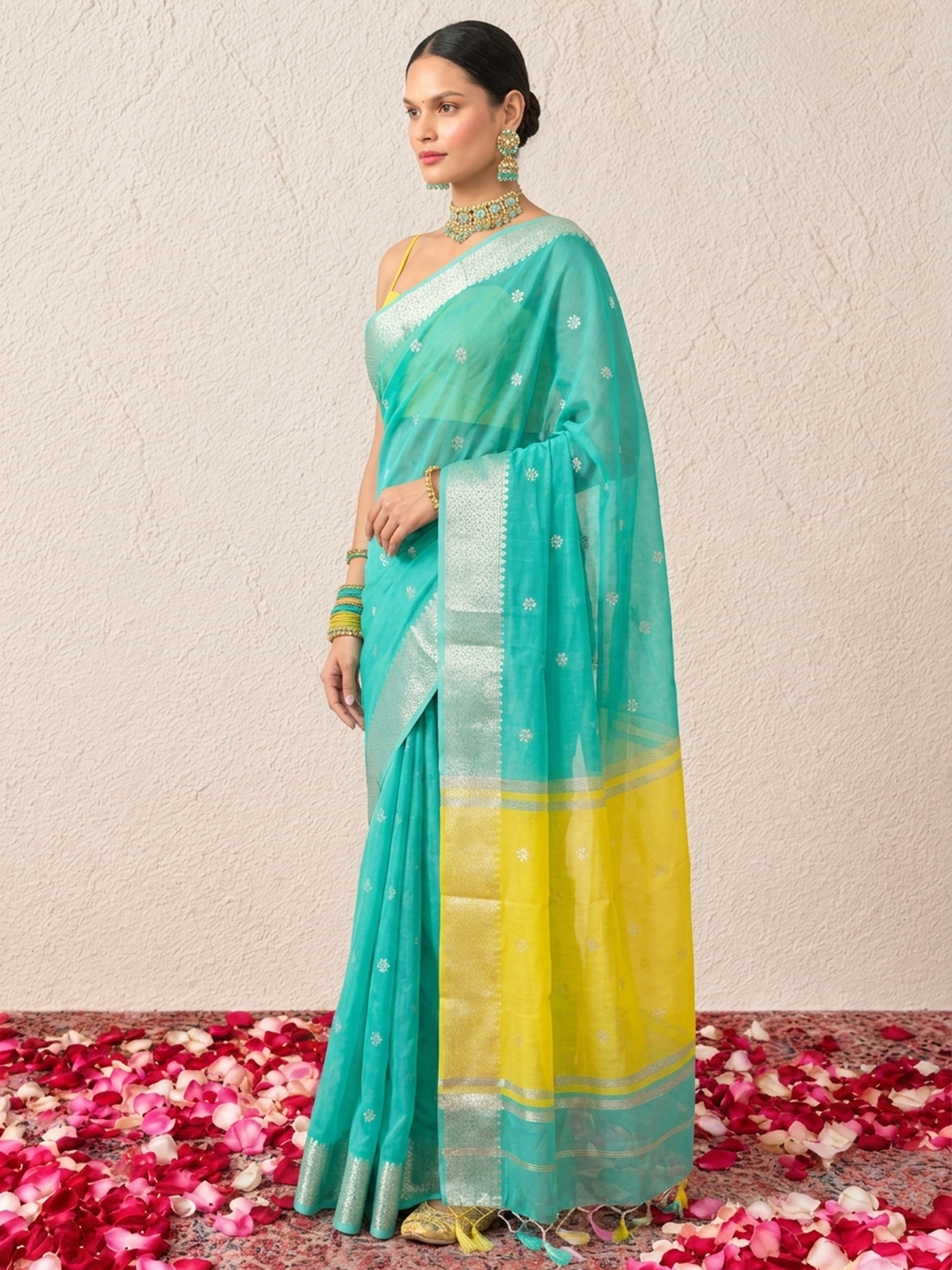 Green and Yellow Chanderi Cotton Silk Saree with Matching Yellow Blouse Fabric