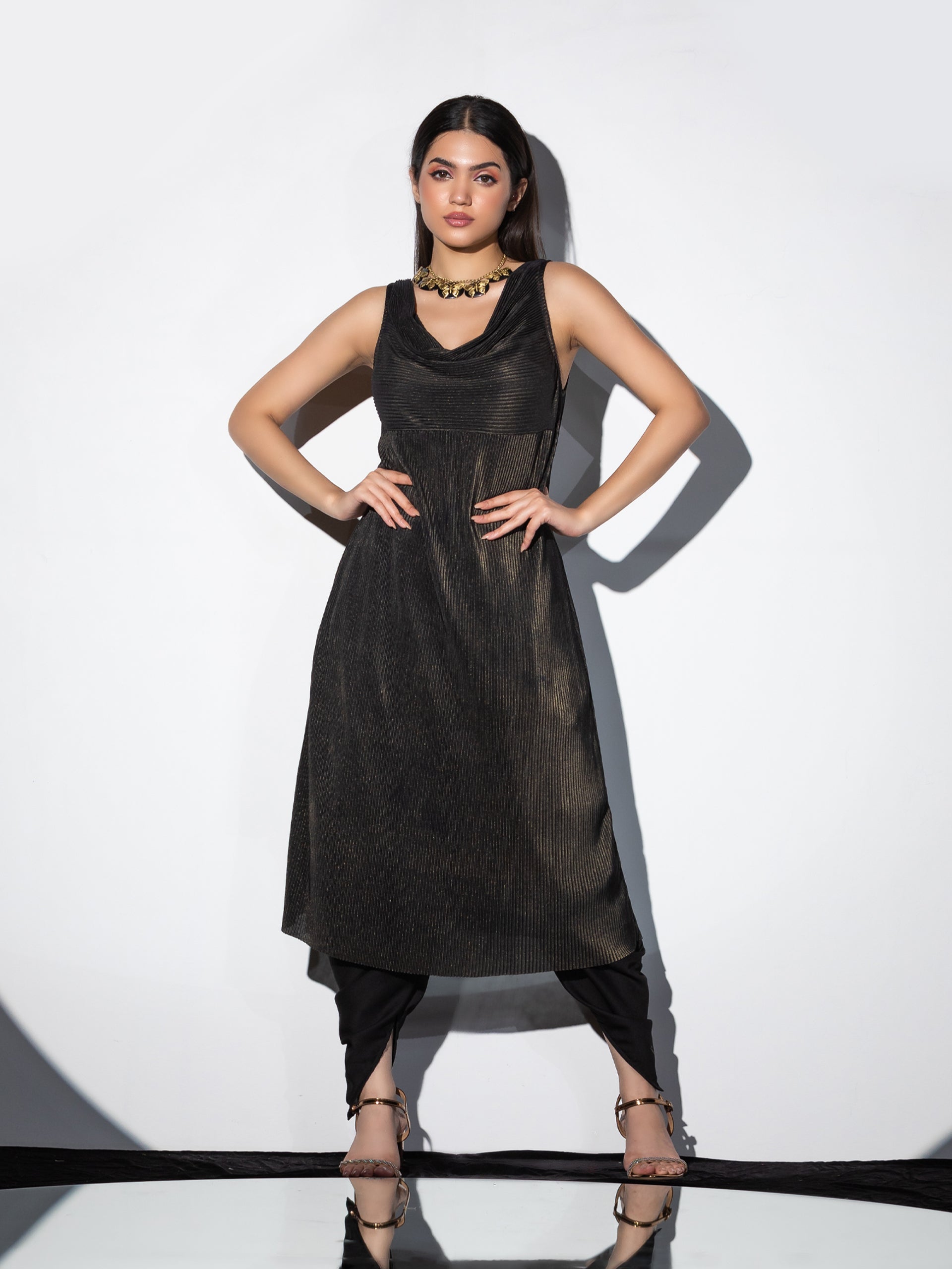 Women's Cowl Neck Pleated Black Gold Top Set with Dhoti Pant, 2 Piece Set | Straight Fit, Cowl Neck, Sleeveless, Dhoti Pants, Partywear, (Satin)