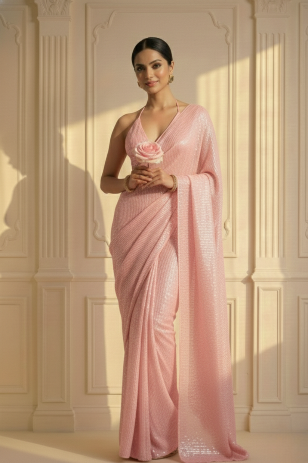 Blush Cream Knitted Sequin Saree with Blouse Fabric