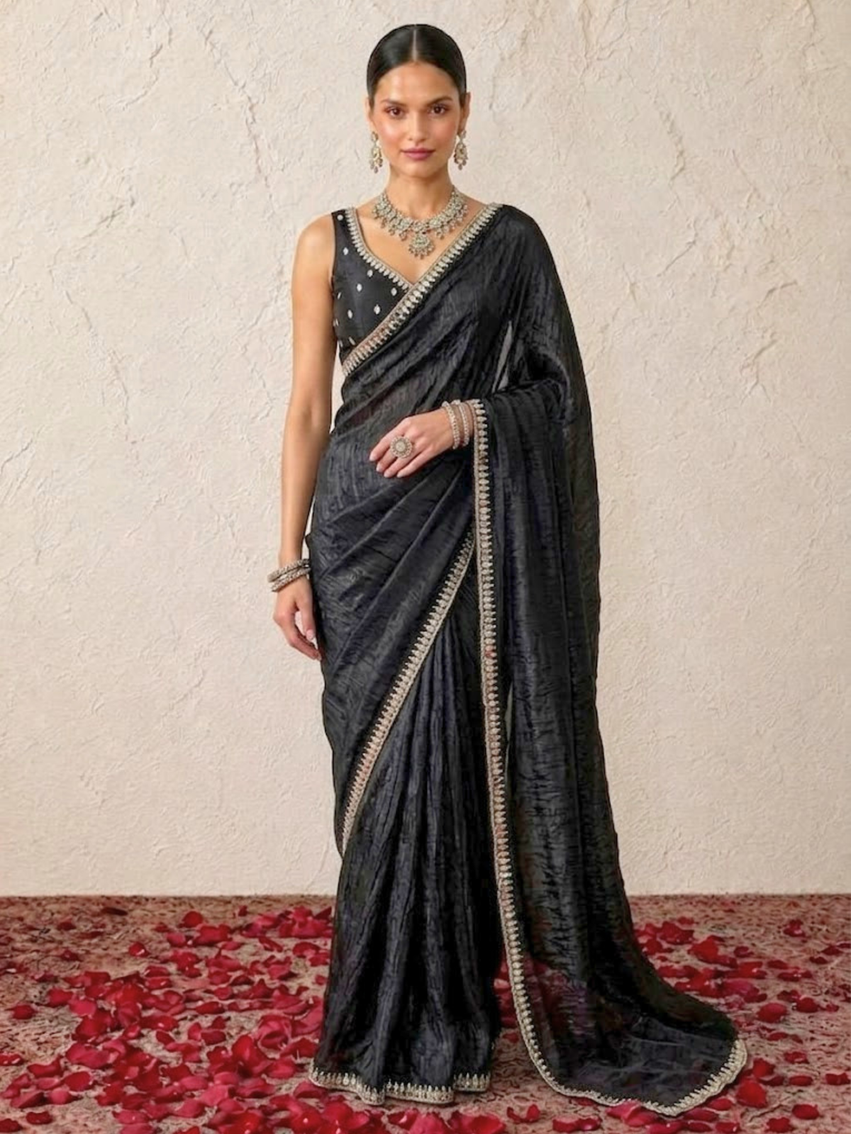 Black Mirror Metallic Satin Hand Beaded Cut Dana Saree with Border and Matching Blouse Fabric