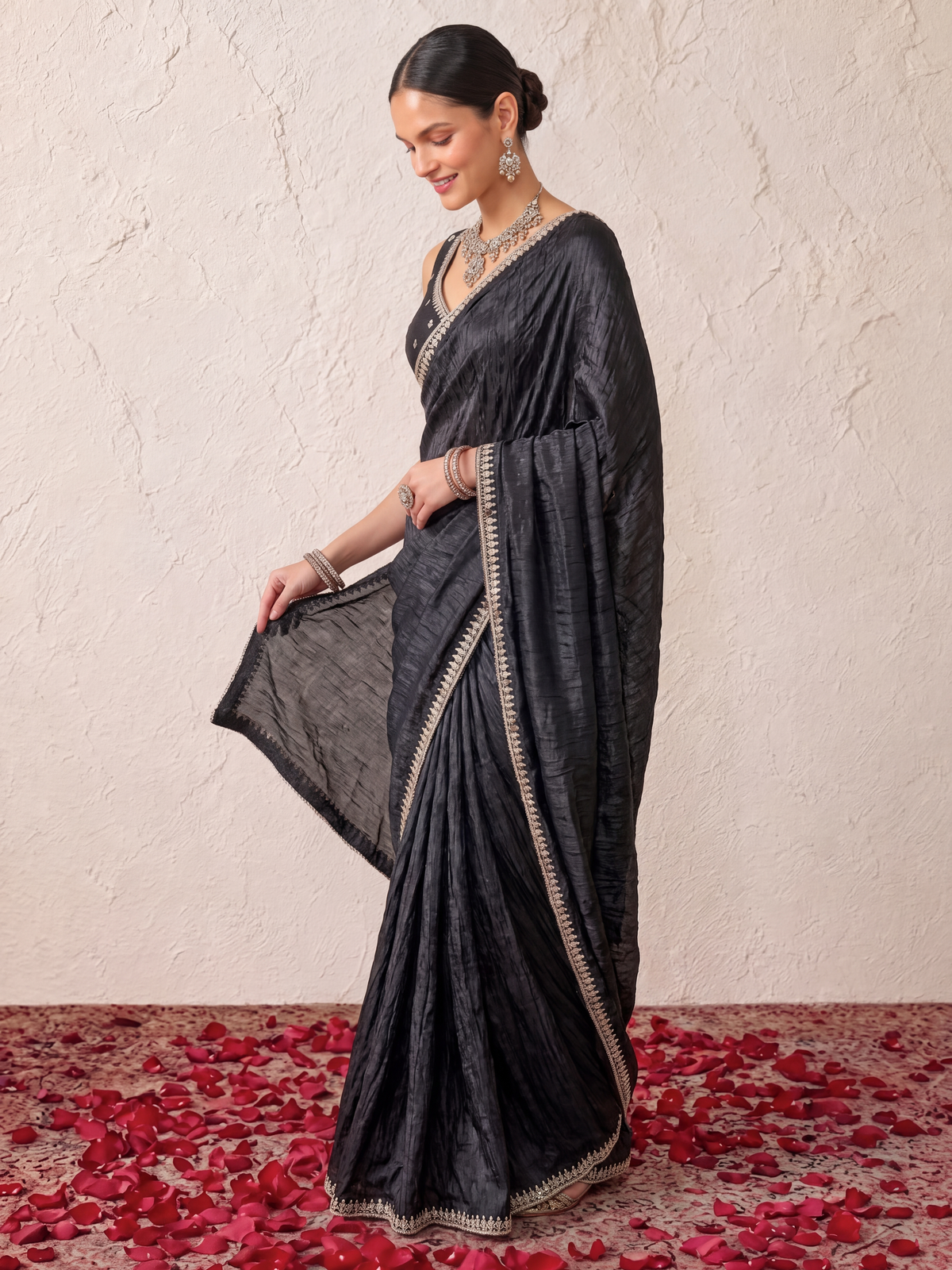 Black Mirror Metallic Satin Hand Beaded Cut Dana Saree with Border and Matching Blouse Fabric