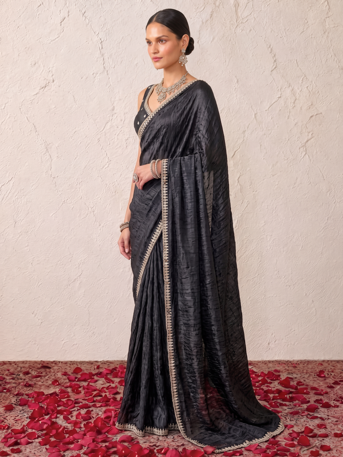 Black Mirror Metallic Satin Hand Beaded Cut Dana Saree with Border and Matching Blouse Fabric