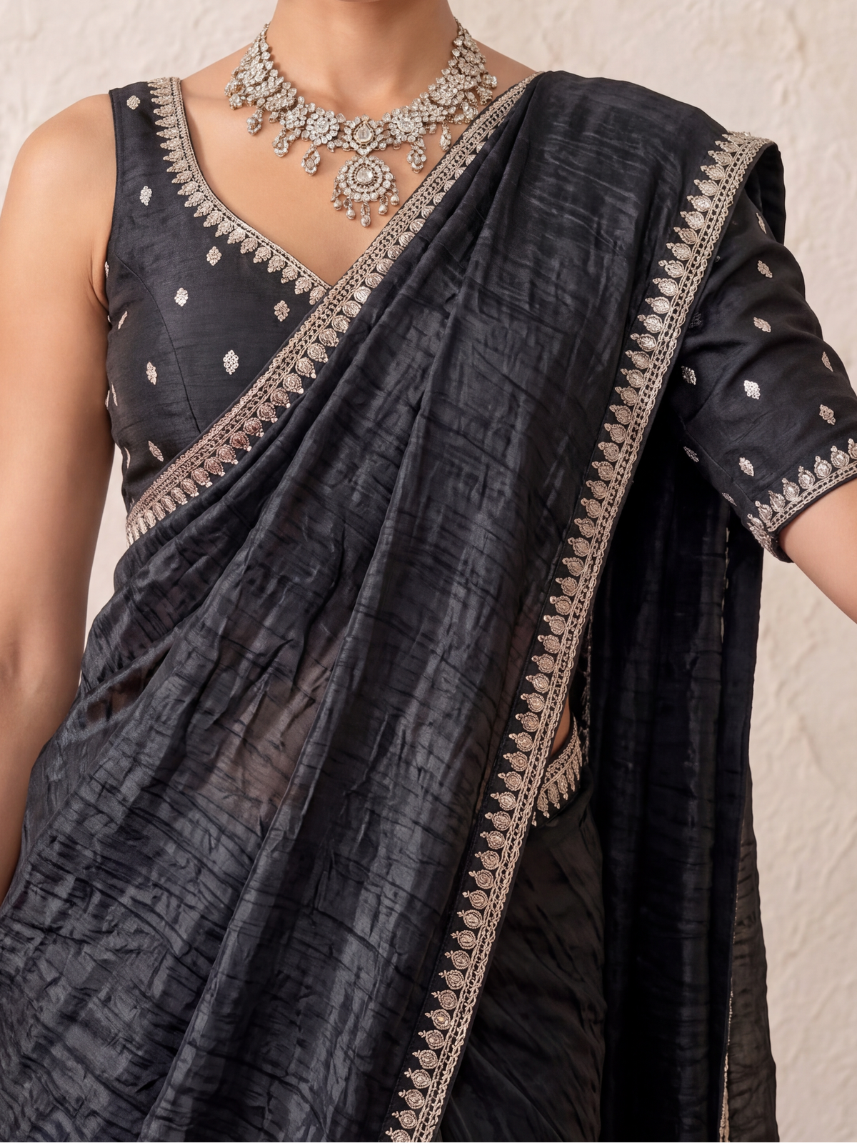 Black Mirror Metallic Satin Hand Beaded Cut Dana Saree with Border and Matching Blouse Fabric