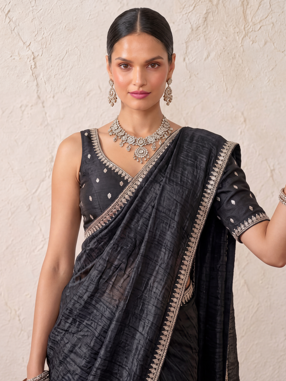 Black Mirror Metallic Satin Hand Beaded Cut Dana Saree with Border and Matching Blouse Fabric