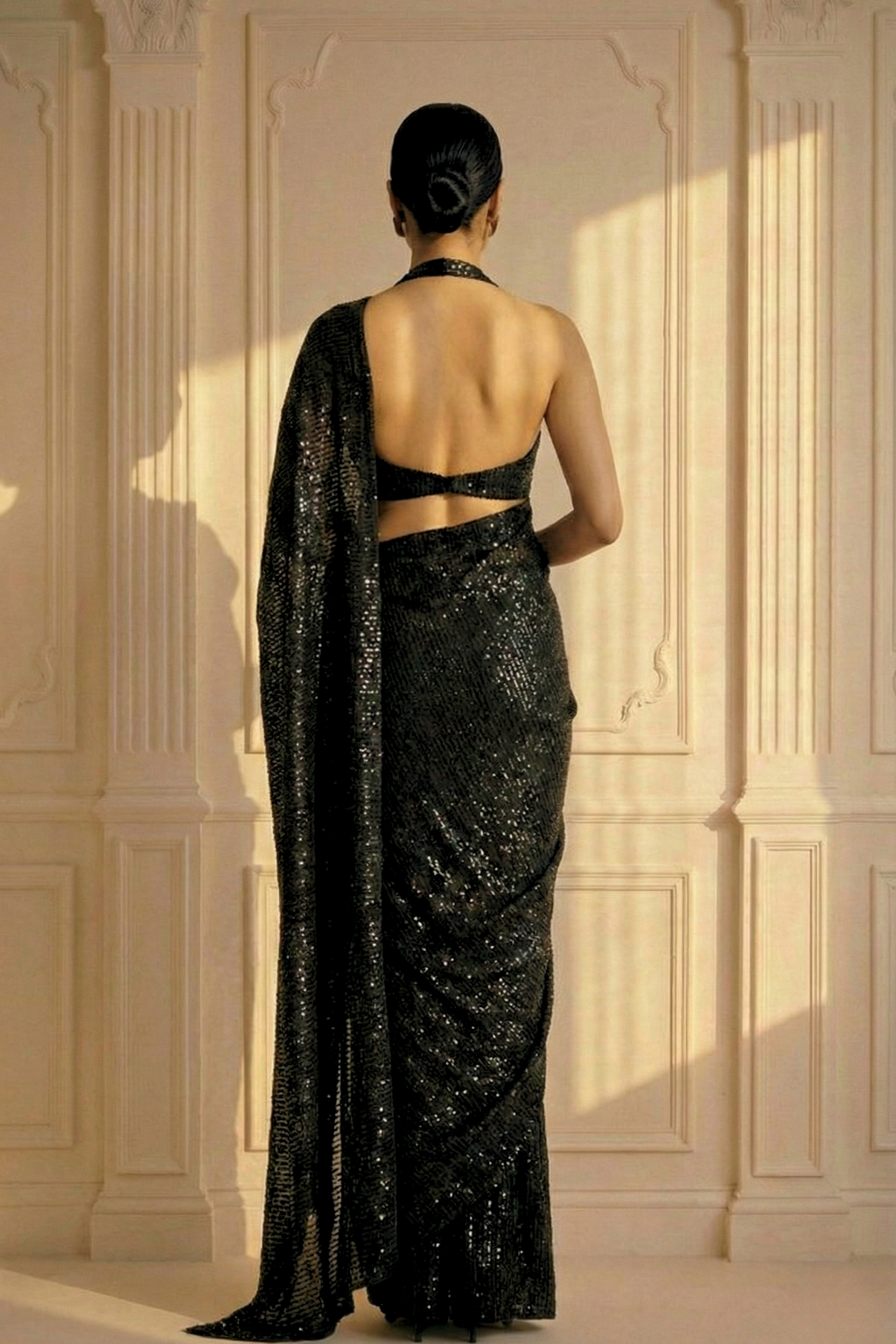 Black Muse Knitted Sequin Saree with Blouse Fabric