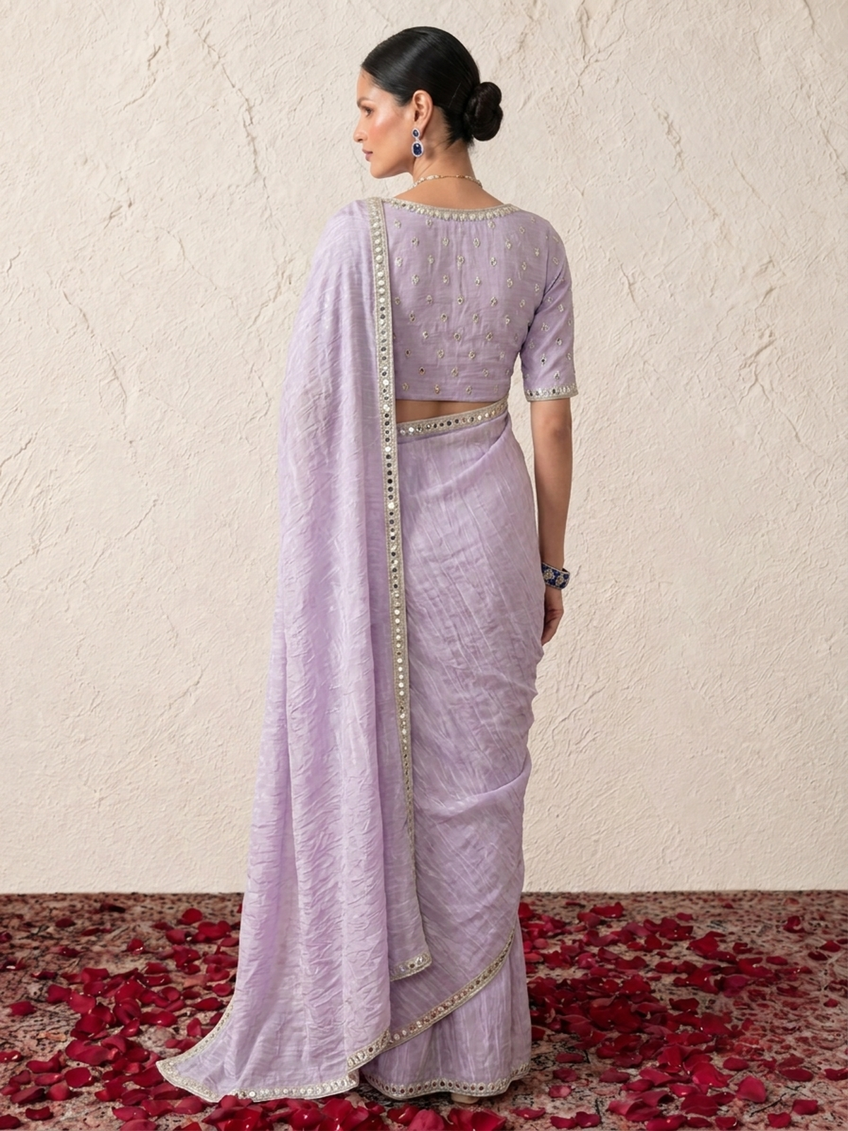 Lilac Mirror Metallic Satin Hand Beaded Cut Dana Saree with Border and Matching Blouse Fabric