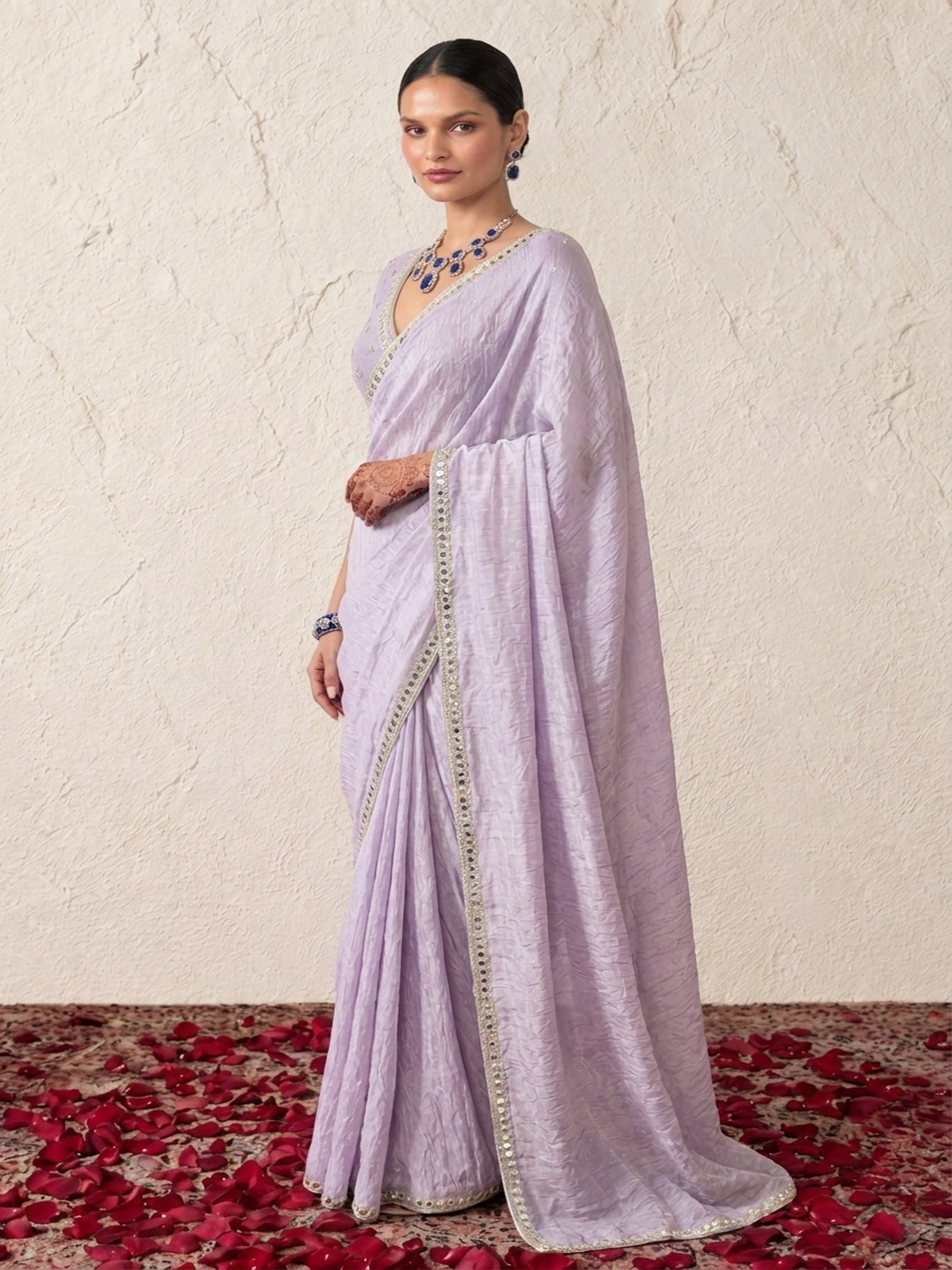 Lilac Mirror Metallic Satin Hand Beaded Cut Dana Saree with Border and Matching Blouse Fabric