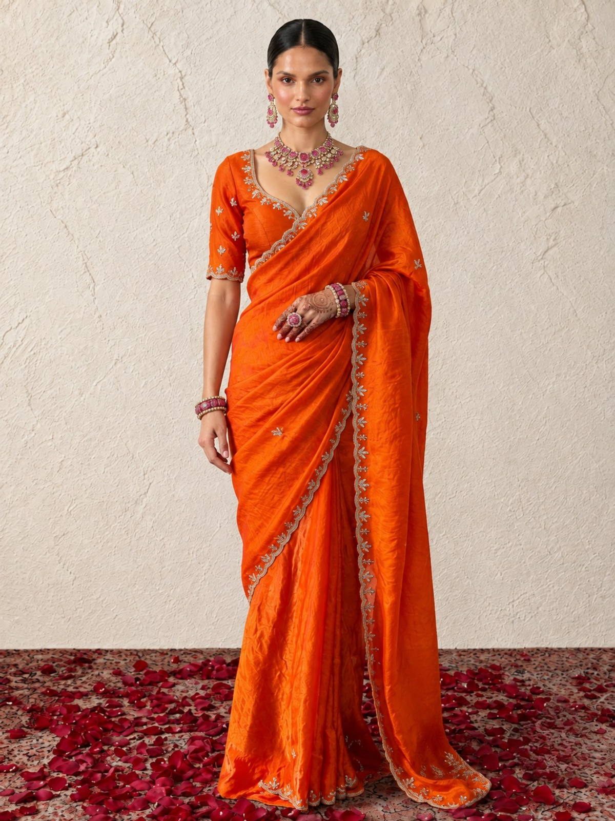 Orange Metallic Satin Scalloped Leaf Hand Beaded Saree with Matching Beaded Blouse Fabric