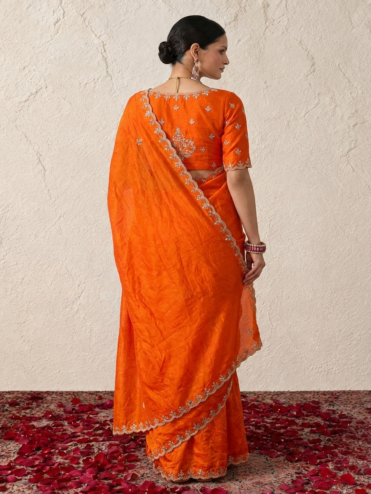 Orange Metallic Satin Scalloped Leaf Hand Beaded Saree with Matching Beaded Blouse Fabric