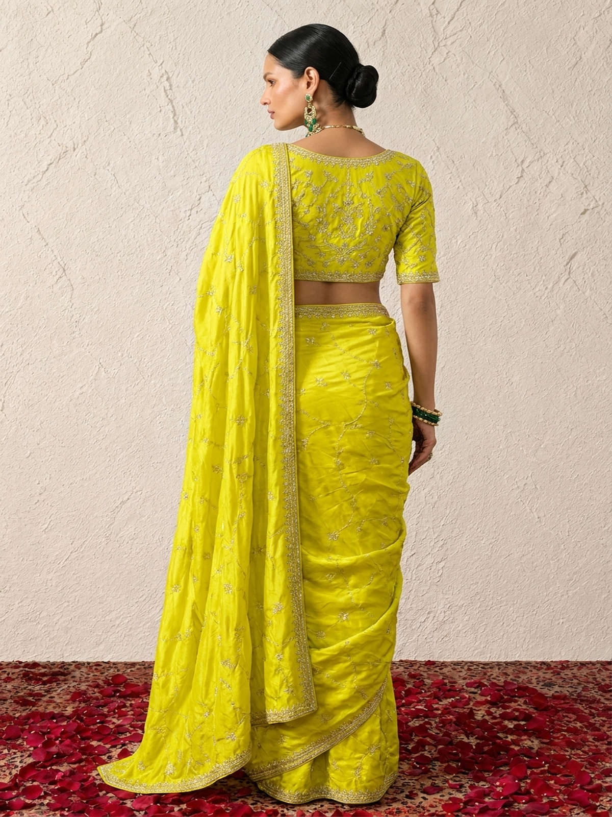 Lime Metallic Satin Allover Hand Beaded Cut Dana Saree with Matching Beaded Blouse Fabric