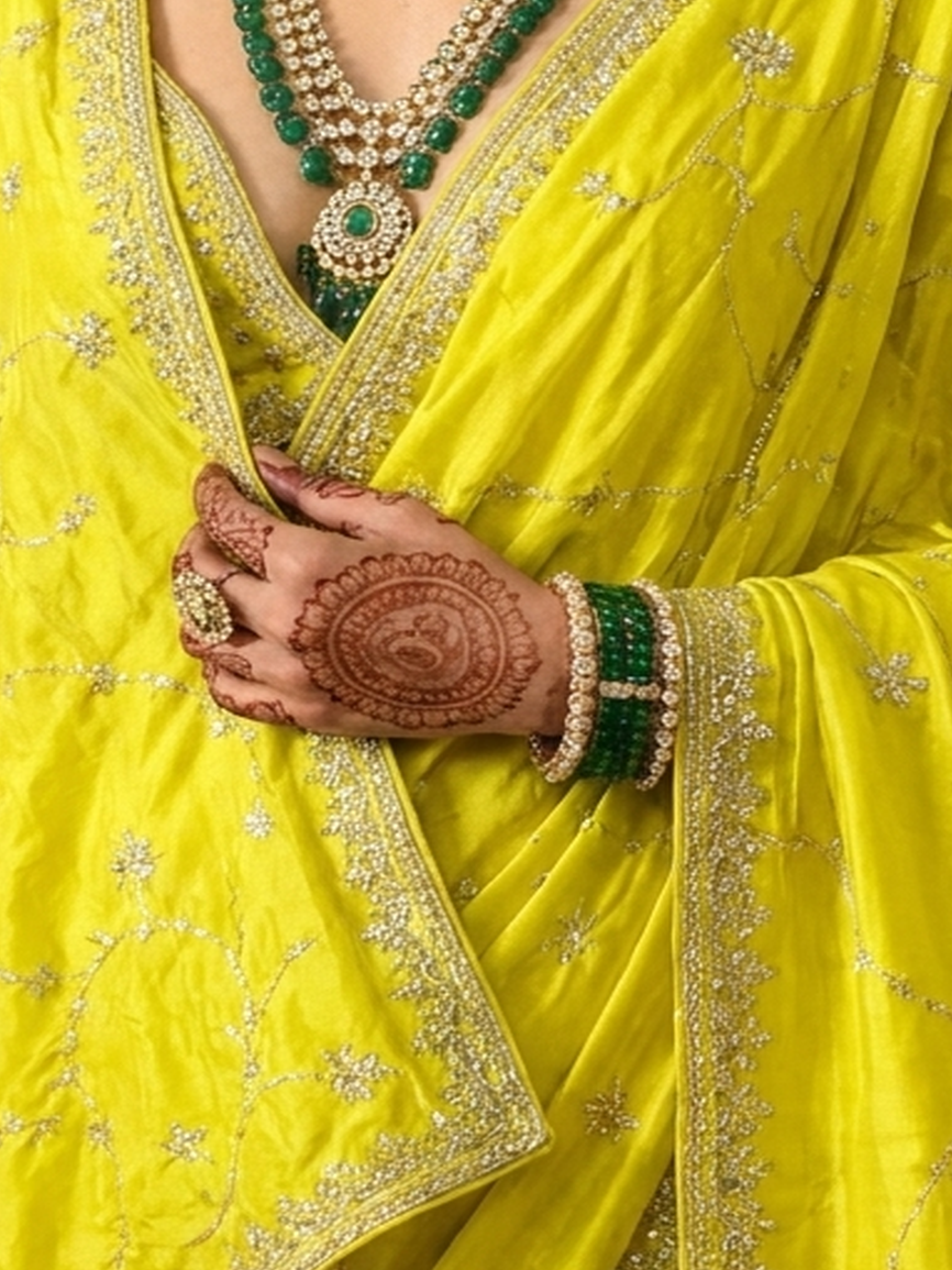 Lime Metallic Satin Allover Hand Beaded Cut Dana Saree with Matching Beaded Blouse Fabric