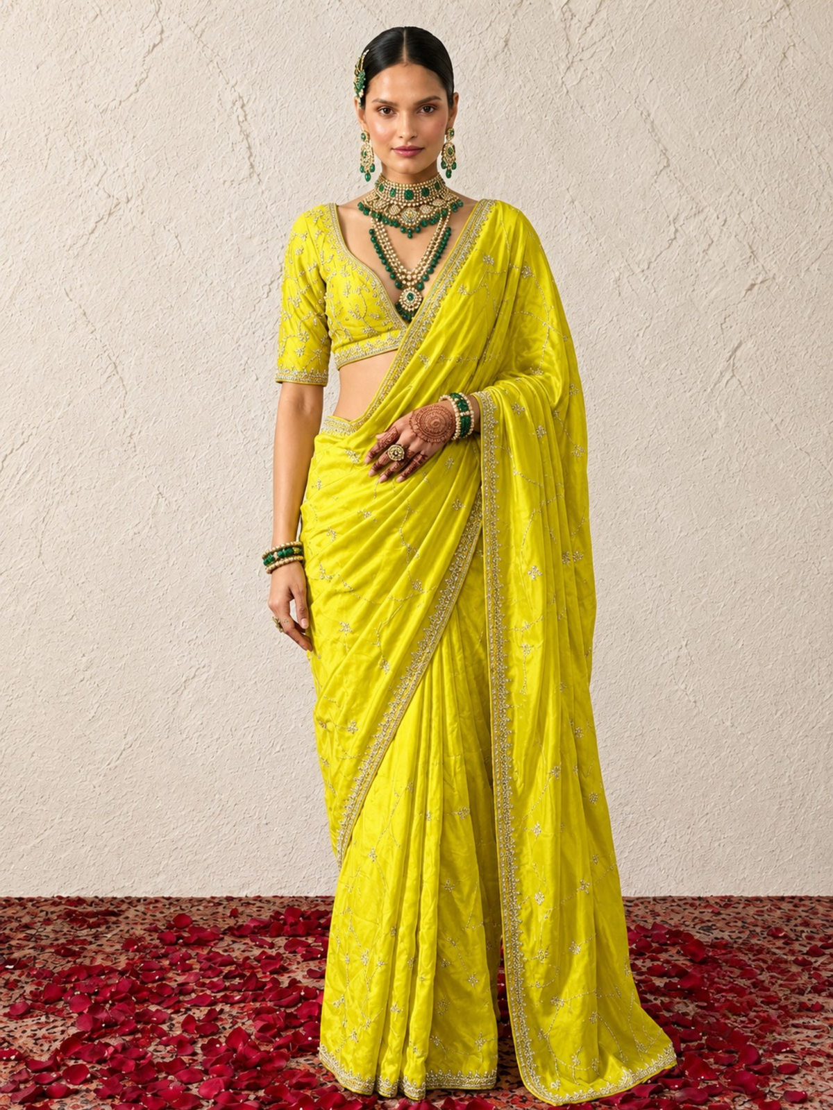 Lime Metallic Satin Allover Hand Beaded Cut Dana Saree with Matching Beaded Blouse Fabric