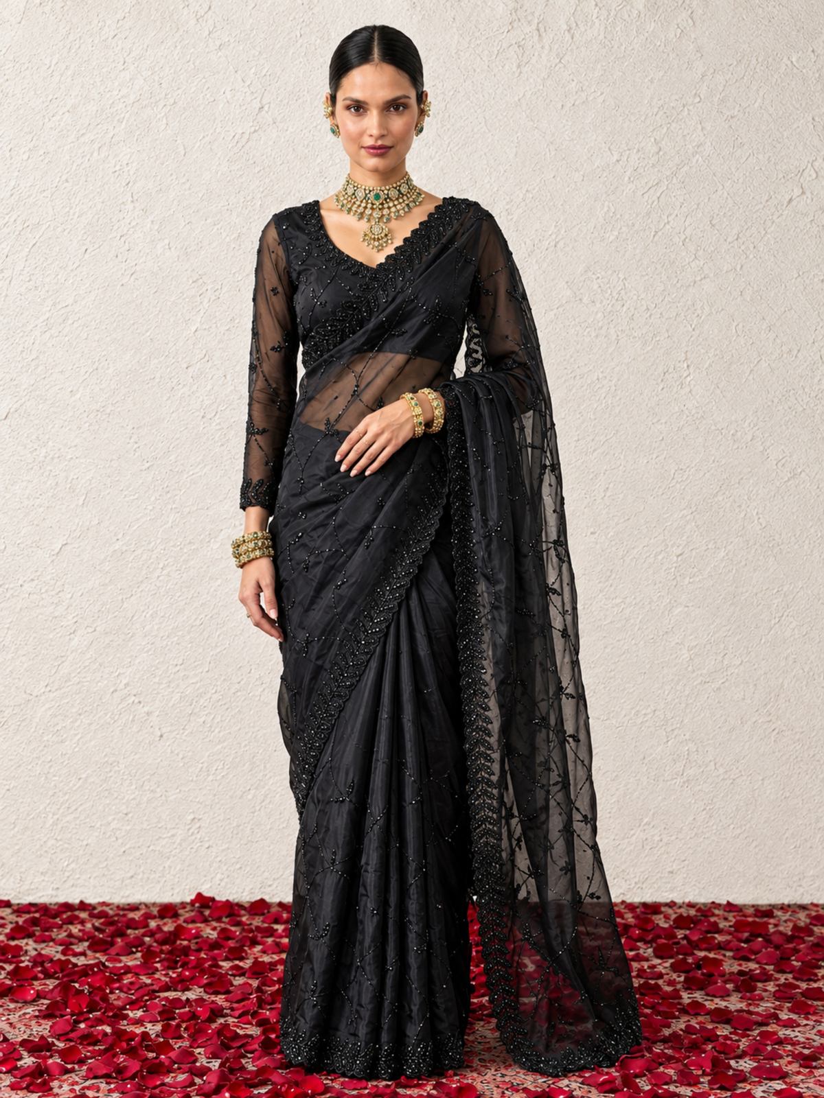 Black On Black Hand Beaded Cut Dana Saree with Leaf Edge and Beaded Matching Blouse Fabric