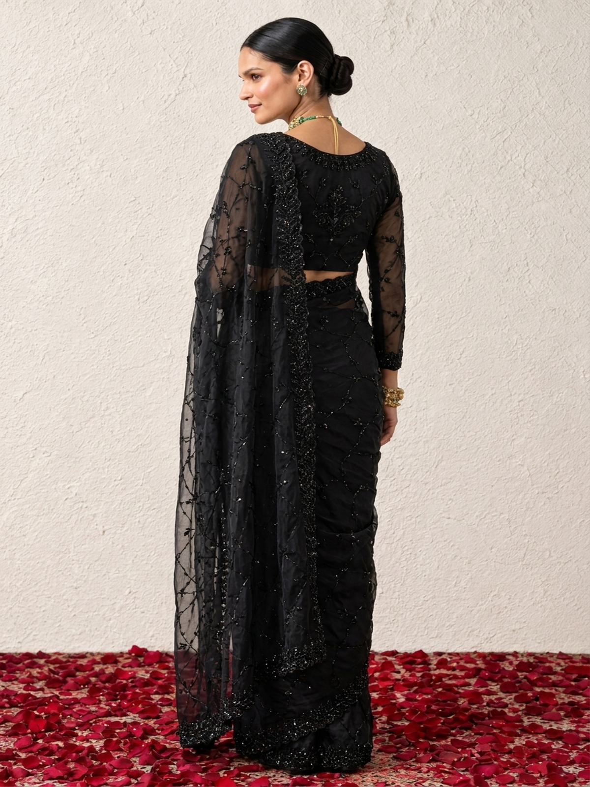 Black On Black Hand Beaded Cut Dana Saree with Leaf Edge and Beaded Matching Blouse Fabric